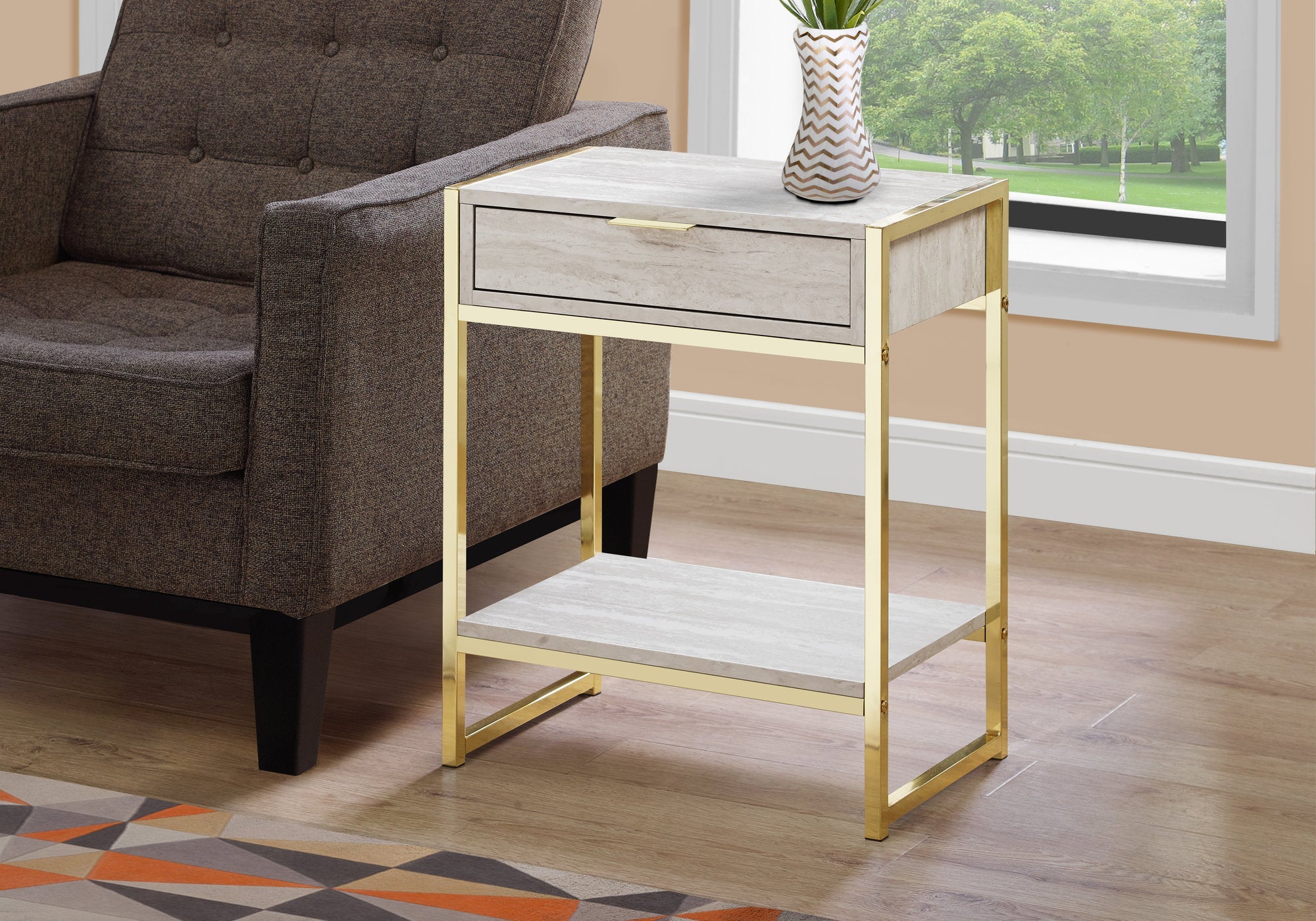I 3483 Table D'appoint, Côté, Bout, Table De Nuit, Lampe, Tiroir De Rangement, Salon, Chambre À Coucher, Métal, Stratifié, D'aspect Marbre Beige, Or, Contemporain, Moderne - Simple Boutique