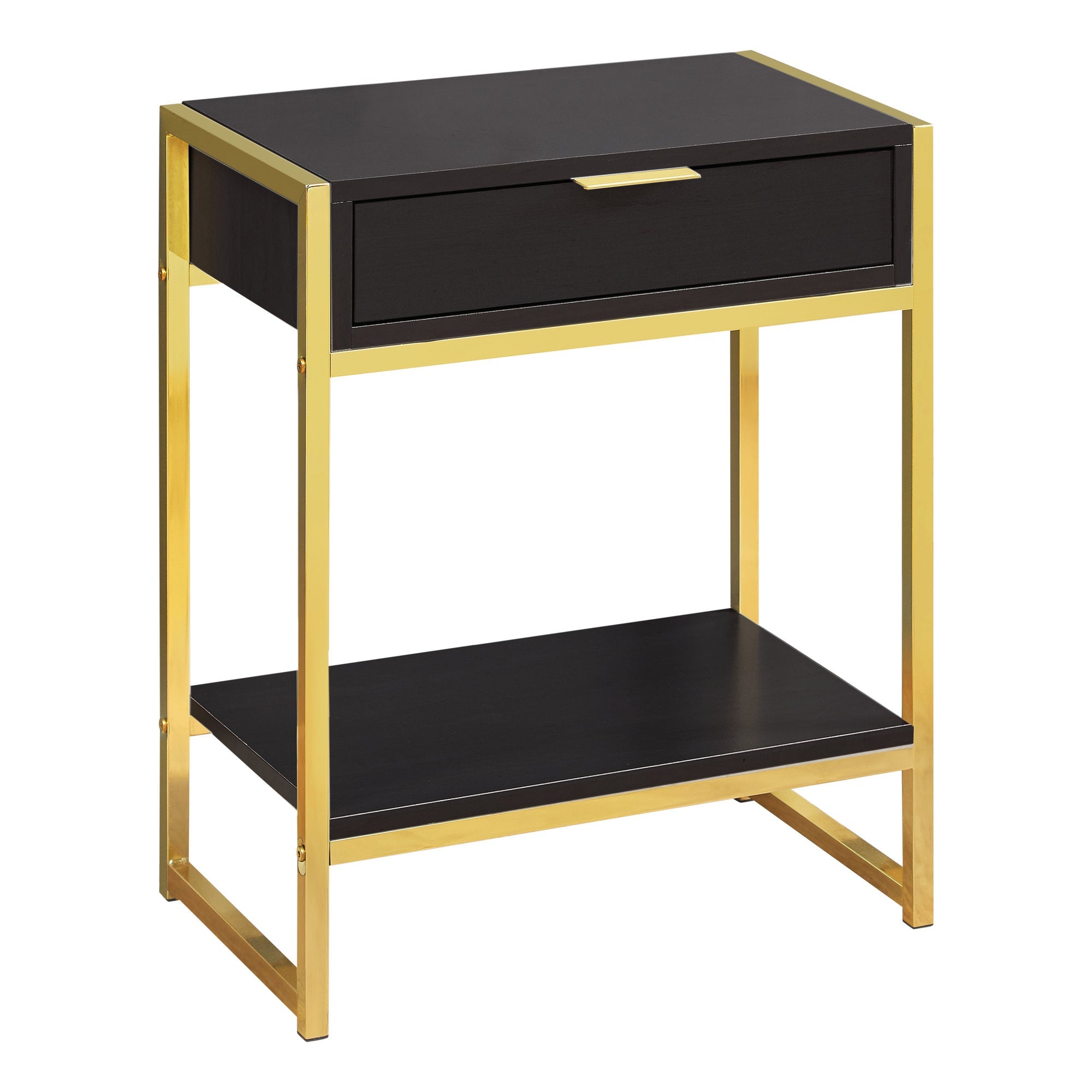 I 3486 Table D'appoint, Côté, Bout, Table De Nuit, Lampe, Tiroir De Rangement, Salon, Chambre À Coucher, Métal, Stratifié, Brun, Or, Contemporain, Moderne - Simple Boutique