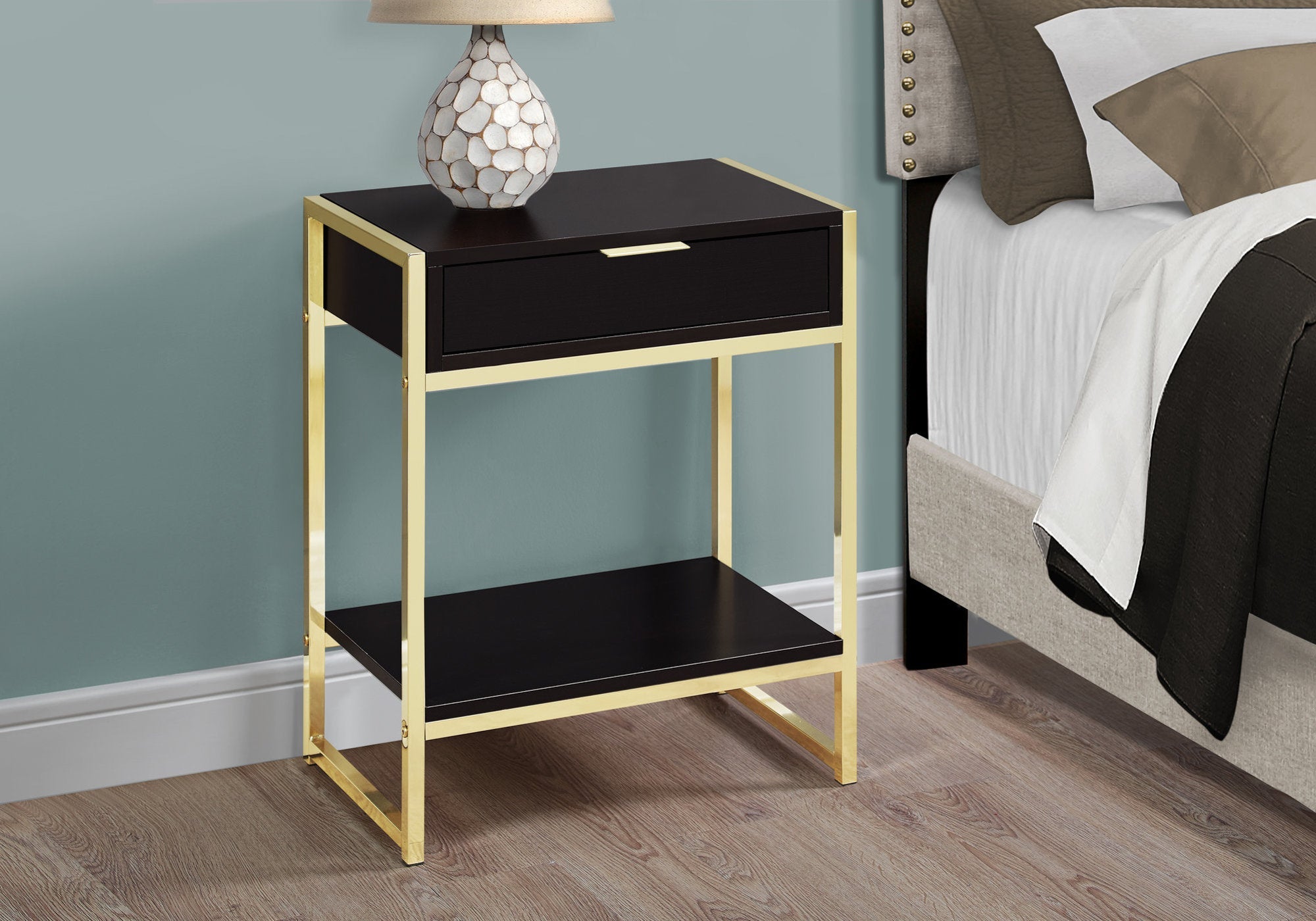 I 3486 Table D'appoint, Côté, Bout, Table De Nuit, Lampe, Tiroir De Rangement, Salon, Chambre À Coucher, Métal, Stratifié, Brun, Or, Contemporain, Moderne - Simple Boutique