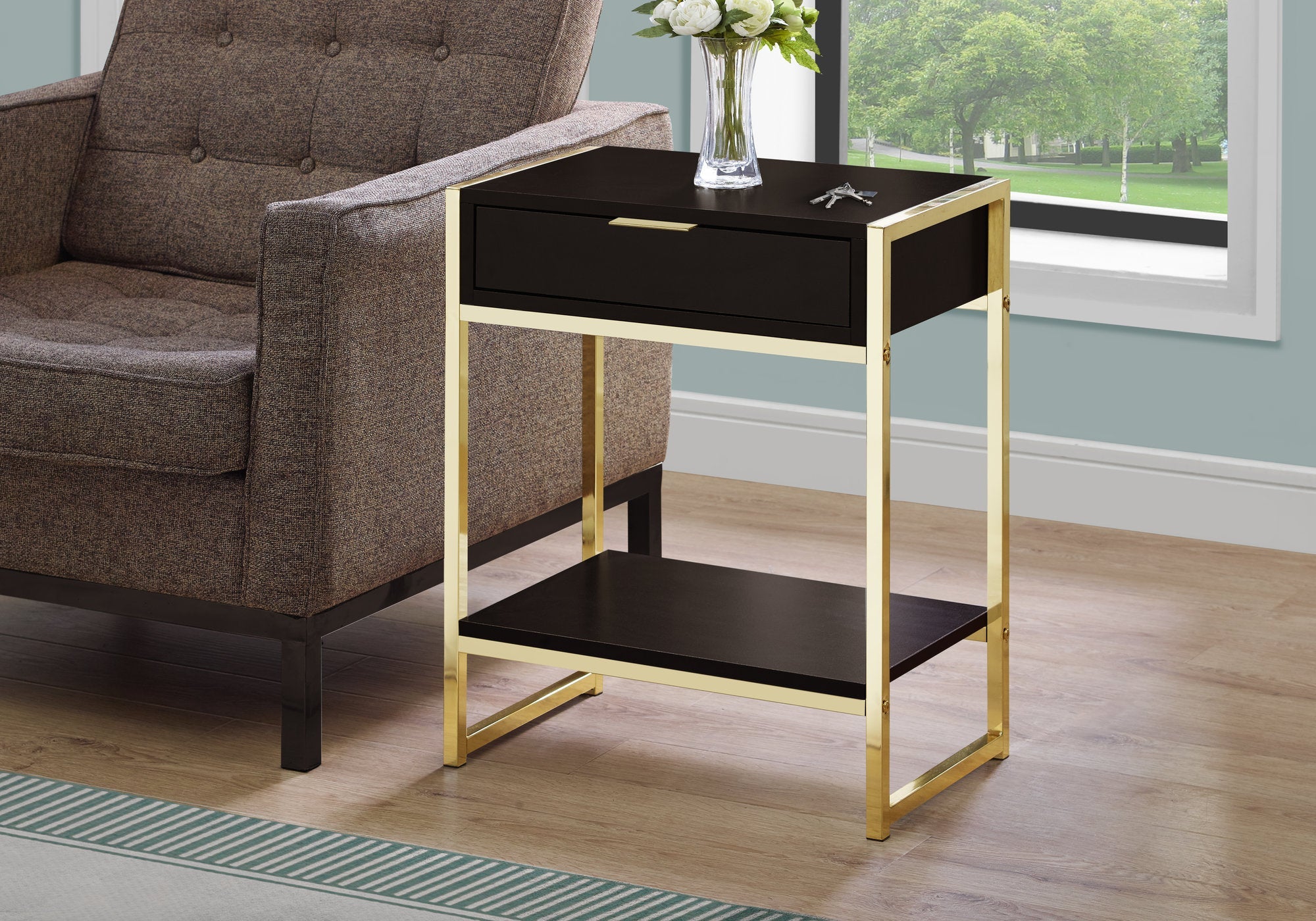 I 3486 Table D'appoint, Côté, Bout, Table De Nuit, Lampe, Tiroir De Rangement, Salon, Chambre À Coucher, Métal, Stratifié, Brun, Or, Contemporain, Moderne - Simple Boutique