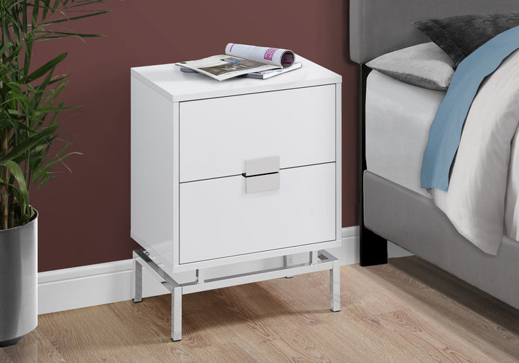 I 3490 Table D'appoint, Côté, Bout, Table De Nuit, Lampe, Tiroir De Rangement, Salon, Chambre À Coucher, Métal, Stratifié, Blanc Lustré, Chrome, Contemporain, Moderne - Simple Boutique