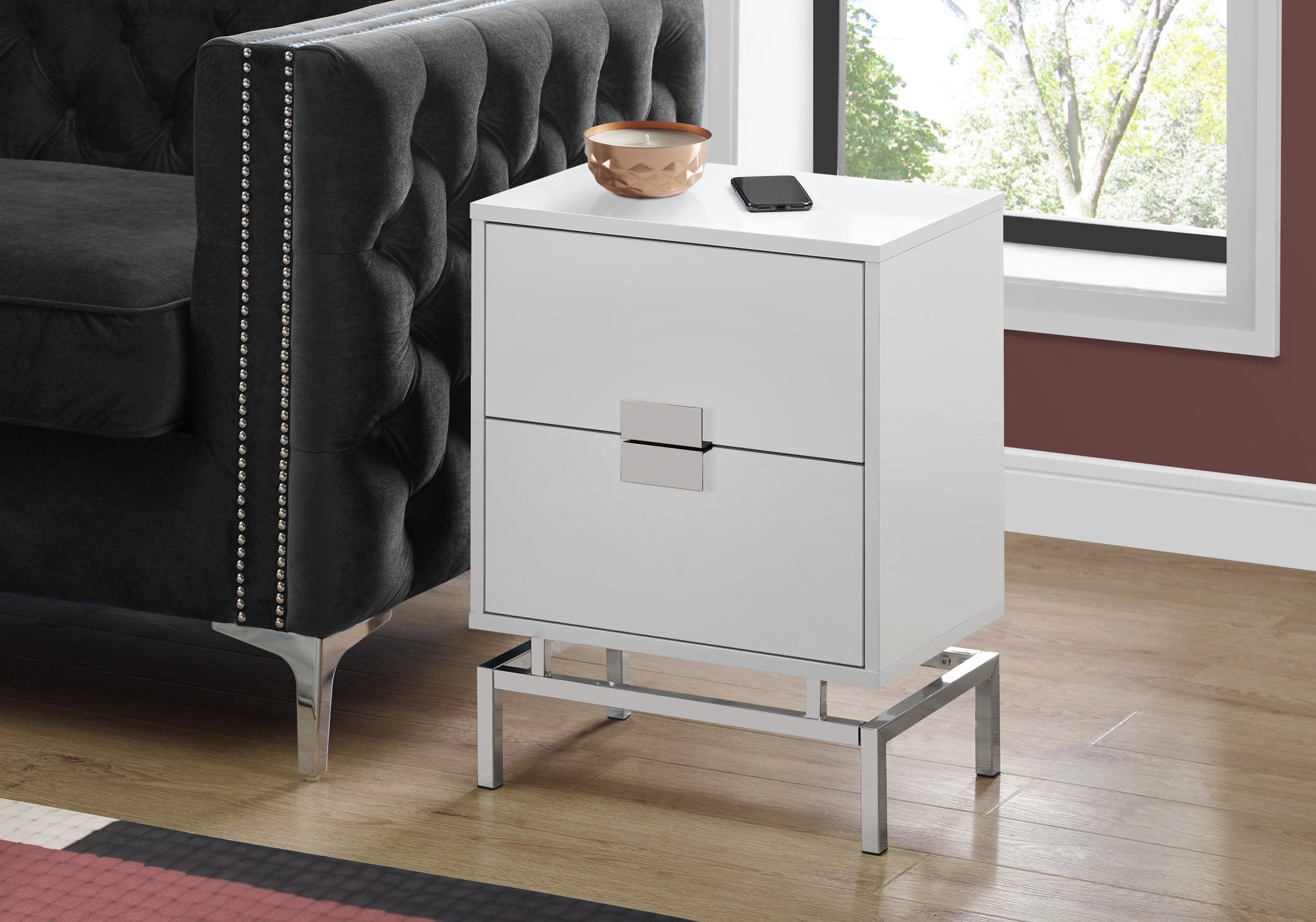 I 3490 Table D'appoint, Côté, Bout, Table De Nuit, Lampe, Tiroir De Rangement, Salon, Chambre À Coucher, Métal, Stratifié, Blanc Lustré, Chrome, Contemporain, Moderne - Simple Boutique