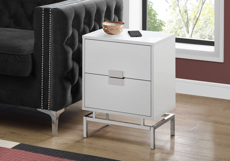 I 3490 Table D'appoint, Côté, Bout, Table De Nuit, Lampe, Tiroir De Rangement, Salon, Chambre À Coucher, Métal, Stratifié, Blanc Lustré, Chrome, Contemporain, Moderne - Simple Boutique