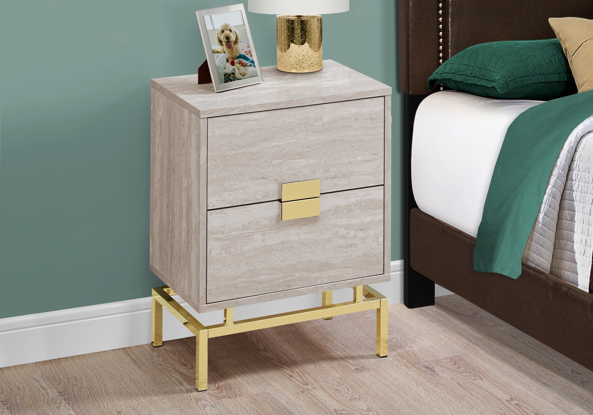 I 3493 Table D'appoint, Côté, Bout, Table De Nuit, Lampe, Tiroir De Rangement, Salon, Chambre À Coucher, Métal, Stratifié, D'aspect Marbre Beige, Or, Contemporain, Moderne - Simple Boutique