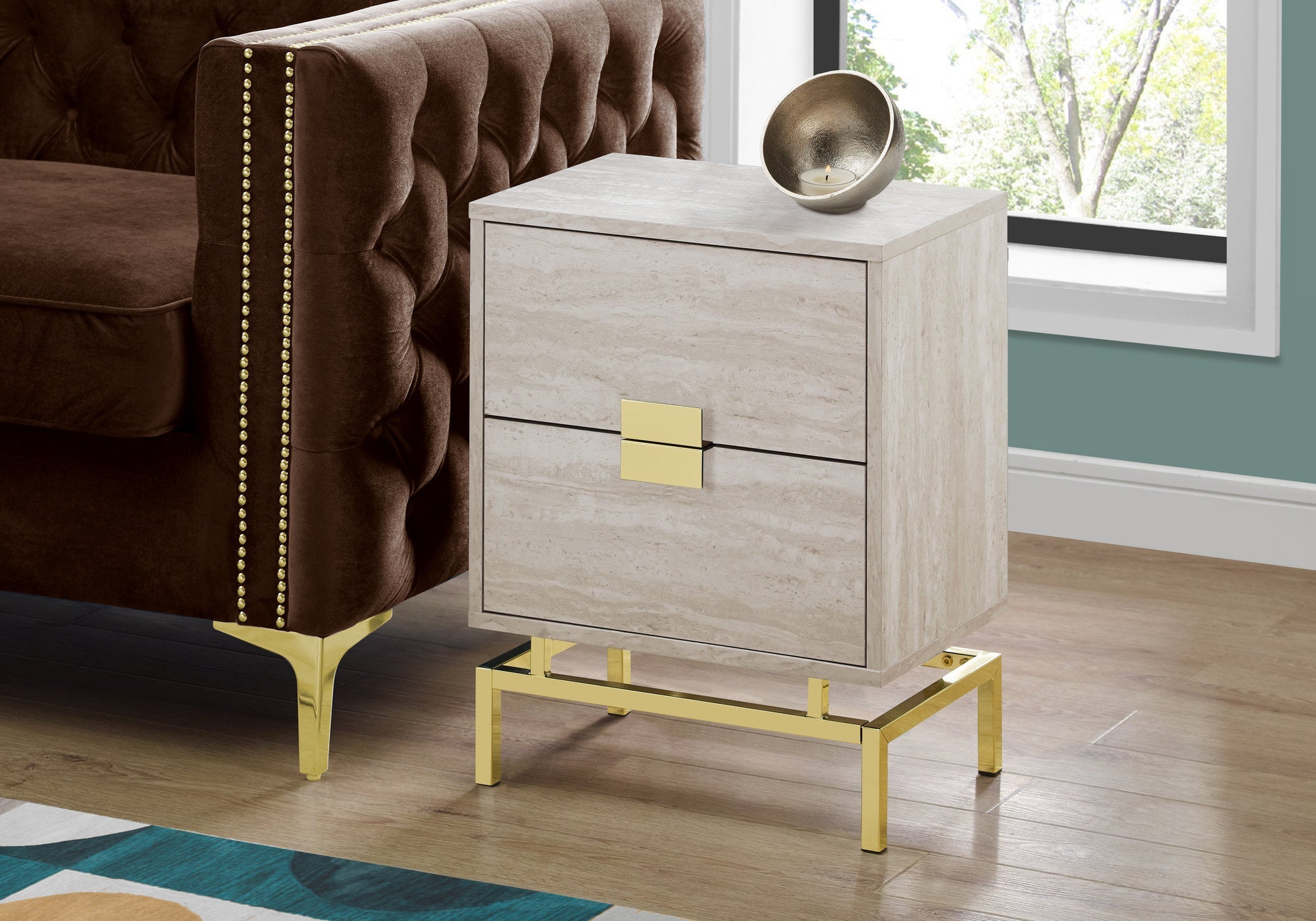 I 3493 Table D'appoint, Côté, Bout, Table De Nuit, Lampe, Tiroir De Rangement, Salon, Chambre À Coucher, Métal, Stratifié, D'aspect Marbre Beige, Or, Contemporain, Moderne - Simple Boutique