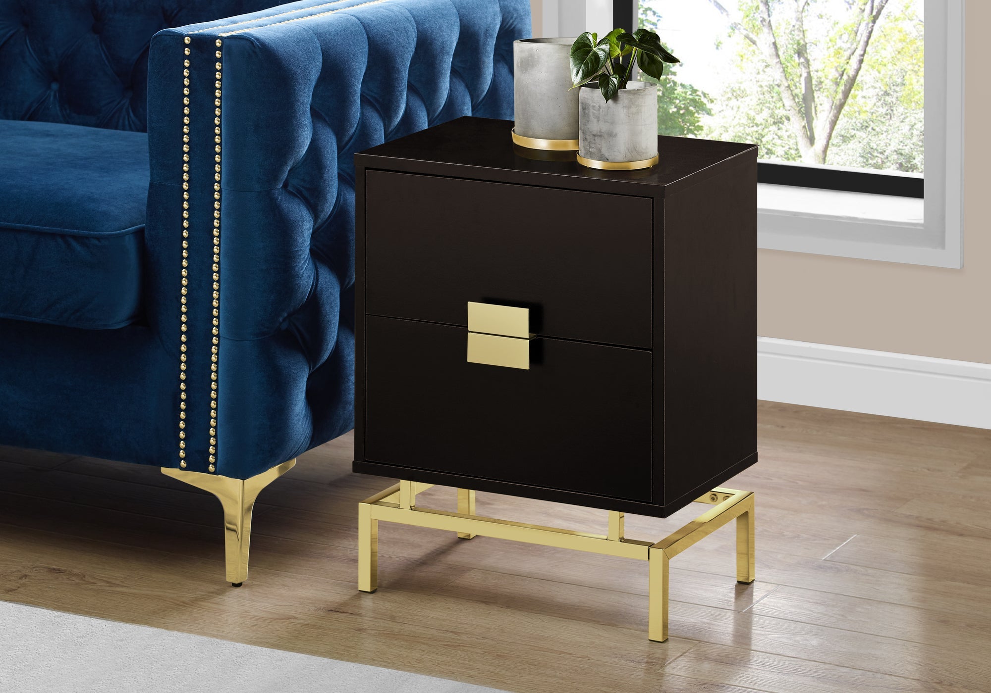 I 3496 Table D'appoint, Côté, Bout, Table De Nuit, Lampe, Tiroir De Rangement, Salon, Chambre À Coucher, Métal, Stratifié, Brun, Or, Contemporain, Moderne - Simple Boutique