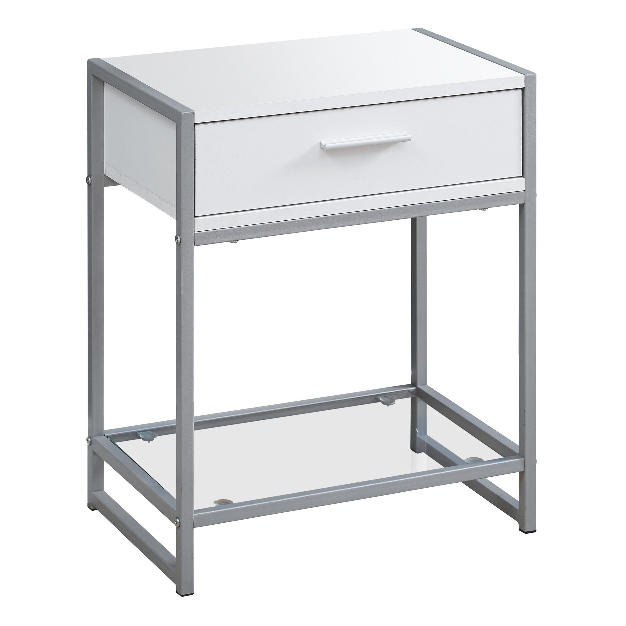 I 3503 Table D'appoint, Côté, Bout, Table De Nuit, Lampe, Tiroir De Rangement, Salon, Chambre À Coucher, Métal, Stratifié, Verre Trempé, Blanc, Gris, Contemporain, Moderne - Simple Boutique