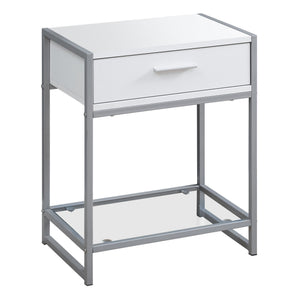 I 3503 Table D'appoint, Côté, Bout, Table De Nuit, Lampe, Tiroir De Rangement, Salon, Chambre À Coucher, Métal, Stratifié, Verre Trempé, Blanc, Gris, Contemporain, Moderne - Simple Boutique