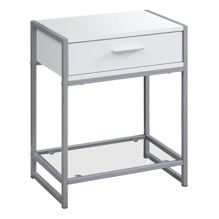 I 3503 Table D'appoint, Côté, Bout, Table De Nuit, Lampe, Tiroir De Rangement, Salon, Chambre À Coucher, Métal, Stratifié, Verre Trempé, Blanc, Gris, Contemporain, Moderne - Simple Boutique