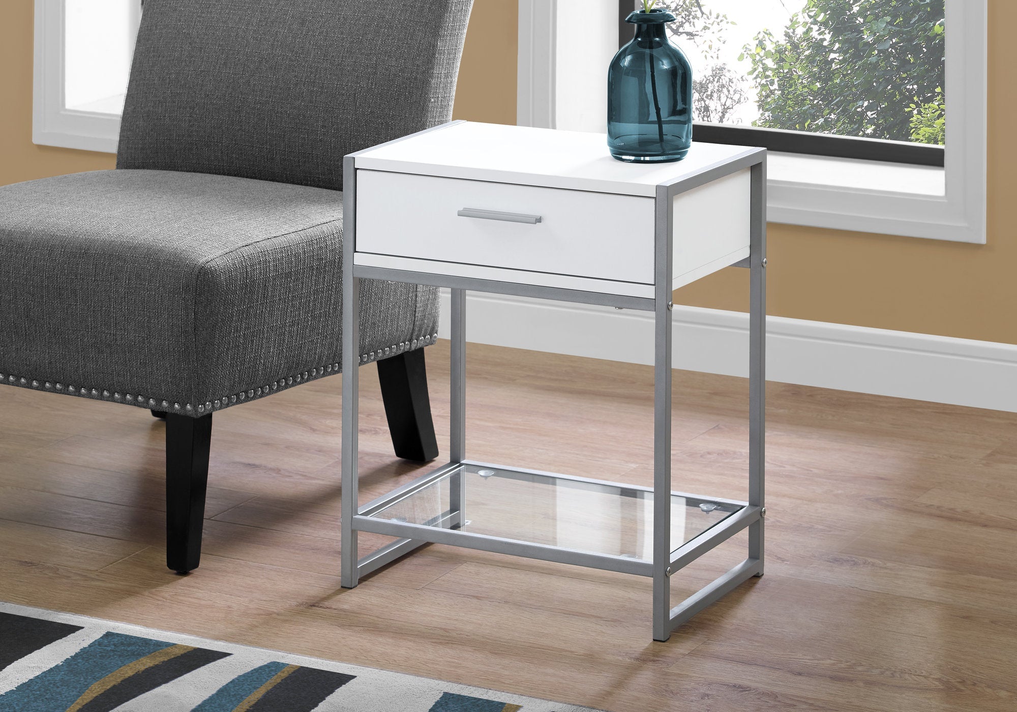I 3503 Table D'appoint, Côté, Bout, Table De Nuit, Lampe, Tiroir De Rangement, Salon, Chambre À Coucher, Métal, Stratifié, Verre Trempé, Blanc, Gris, Contemporain, Moderne - Simple Boutique