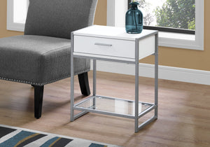 I 3503 Table D'appoint, Côté, Bout, Table De Nuit, Lampe, Tiroir De Rangement, Salon, Chambre À Coucher, Métal, Stratifié, Verre Trempé, Blanc, Gris, Contemporain, Moderne - Simple Boutique