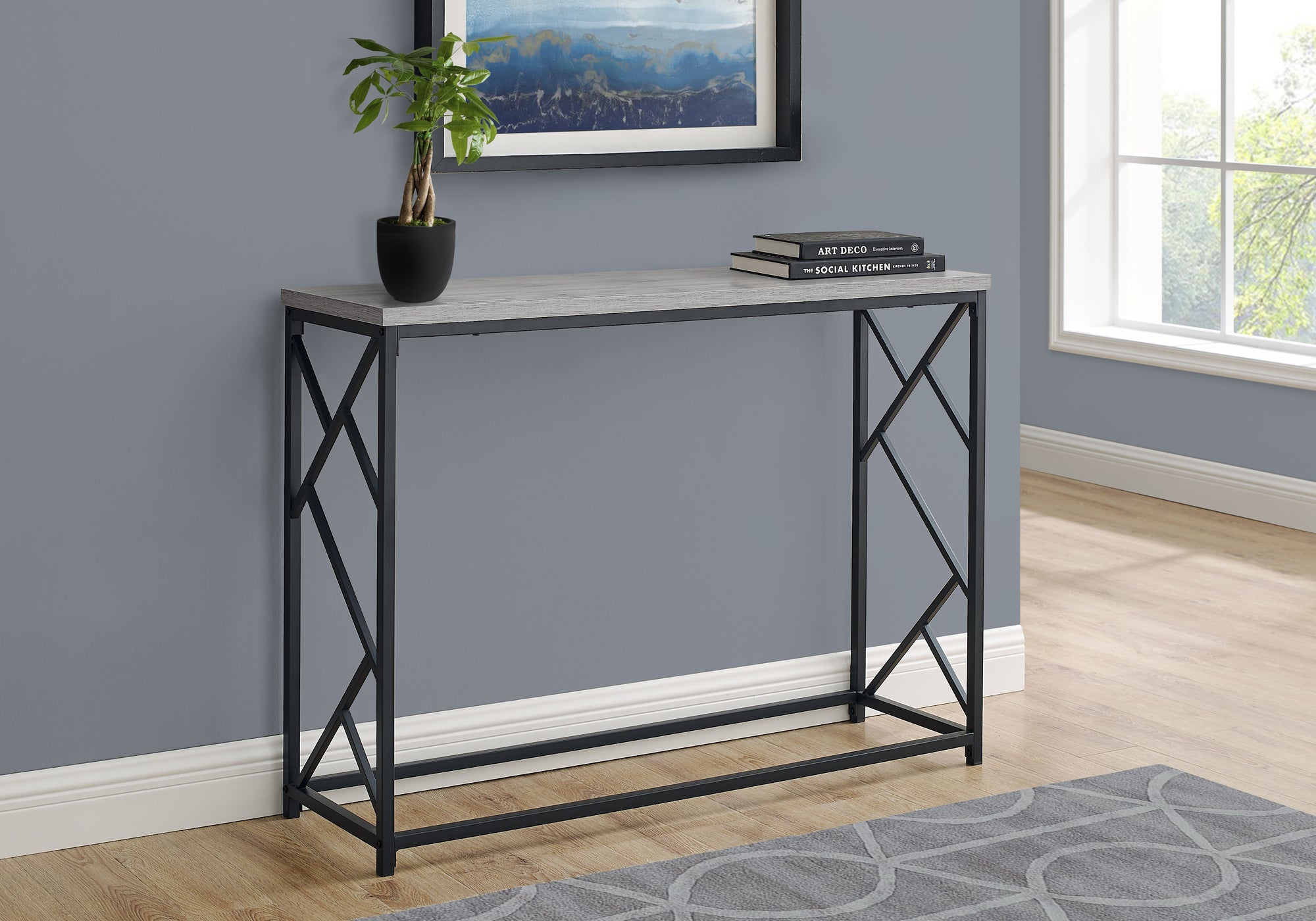 I 3532 Table D'appoint, Console, Entrée, Étroit, Sofa, Salon, Chambre À Coucher, Métal, Stratifié, Gris, Noir, Contemporain, Moderne - Simple Boutique