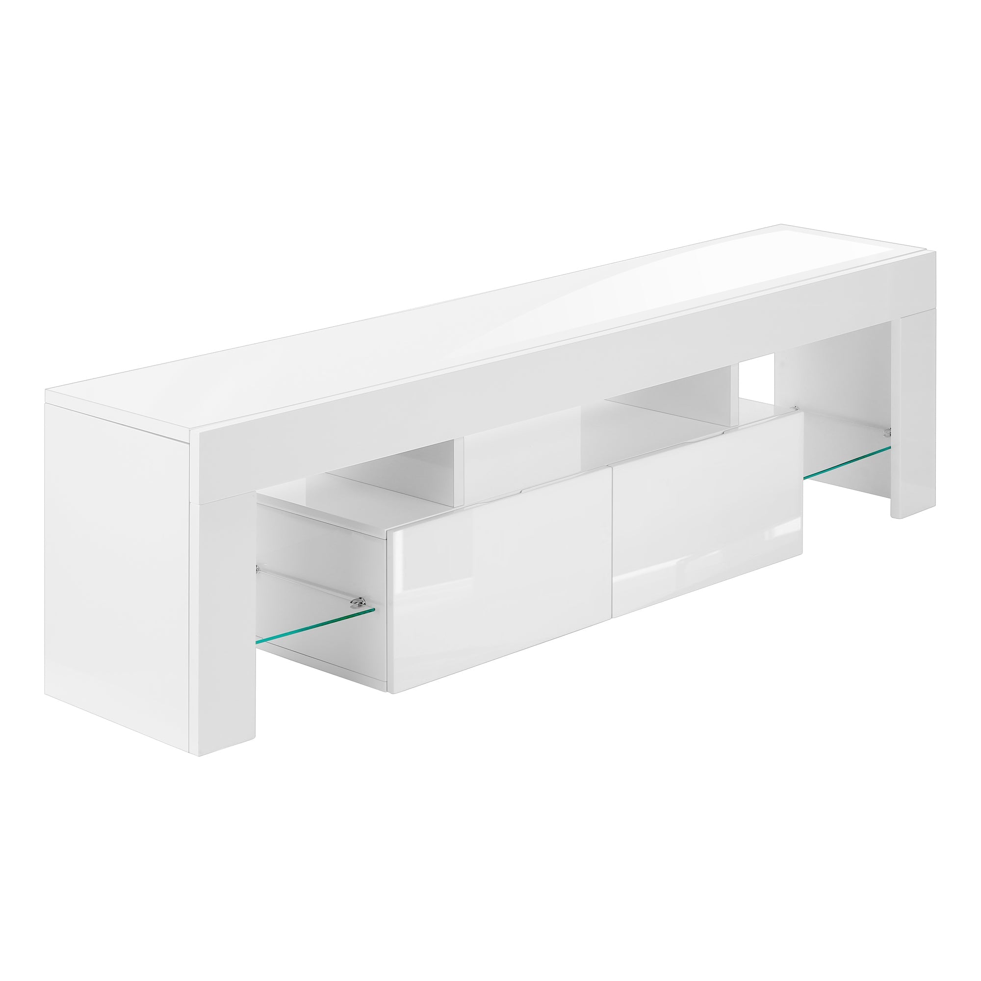 I 3548 Meuble Tv, 63 Pouces, Console, Centre De Divertissement Média, Unite De Rangement, Salon, Chambre À Coucher, Stratifié, Blanc Lustré, Dégager, Contemporain, Moderne - Simple Boutique