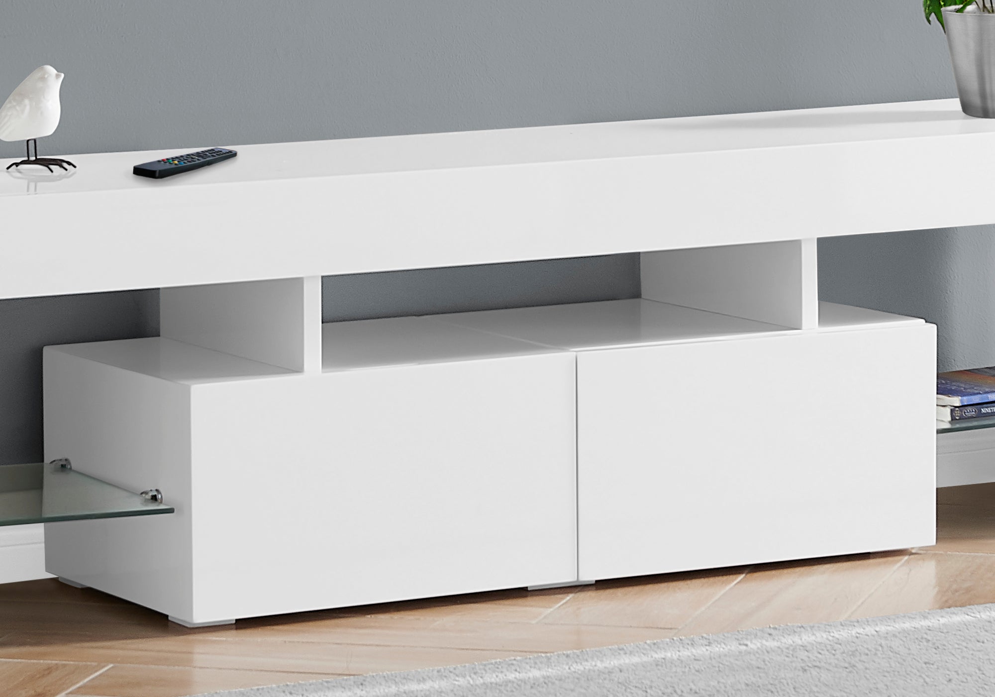I 3548 Meuble Tv, 63 Pouces, Console, Centre De Divertissement Média, Unite De Rangement, Salon, Chambre À Coucher, Stratifié, Blanc Lustré, Dégager, Contemporain, Moderne - Simple Boutique