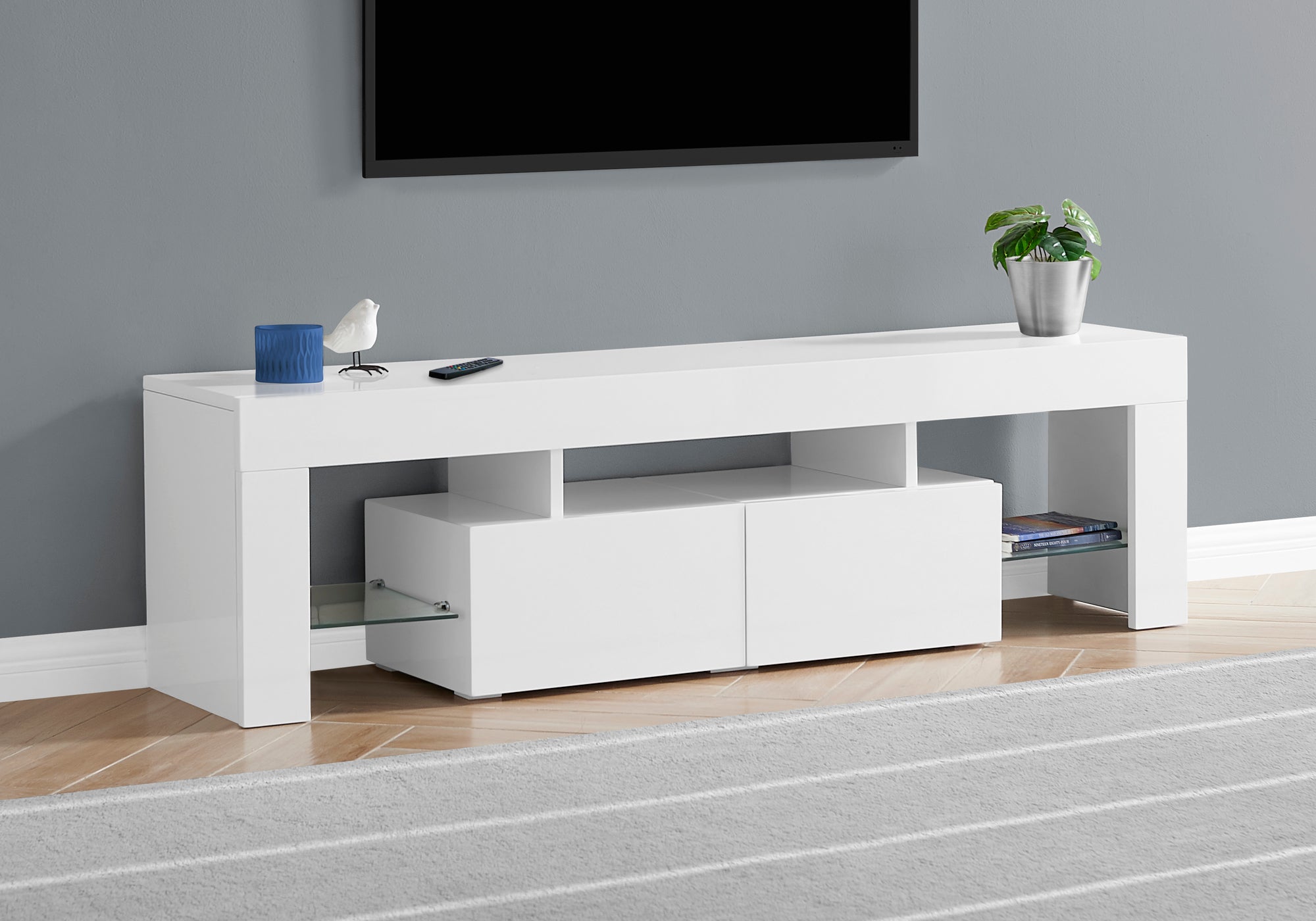 I 3548 Meuble Tv, 63 Pouces, Console, Centre De Divertissement Média, Unite De Rangement, Salon, Chambre À Coucher, Stratifié, Blanc Lustré, Dégager, Contemporain, Moderne - Simple Boutique