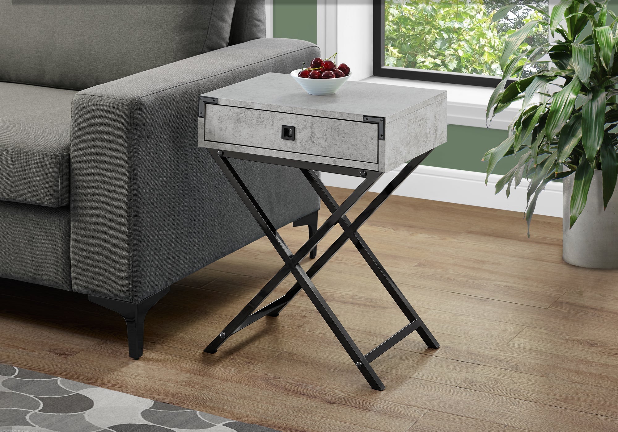 I 3552 Table D'appoint, Côté, Bout, Table De Nuit, Lampe, Tiroir De Rangement, Salon, Chambre À Coucher, Métal, Stratifié, Gris, Noir, Contemporain, Moderne - Simple Boutique
