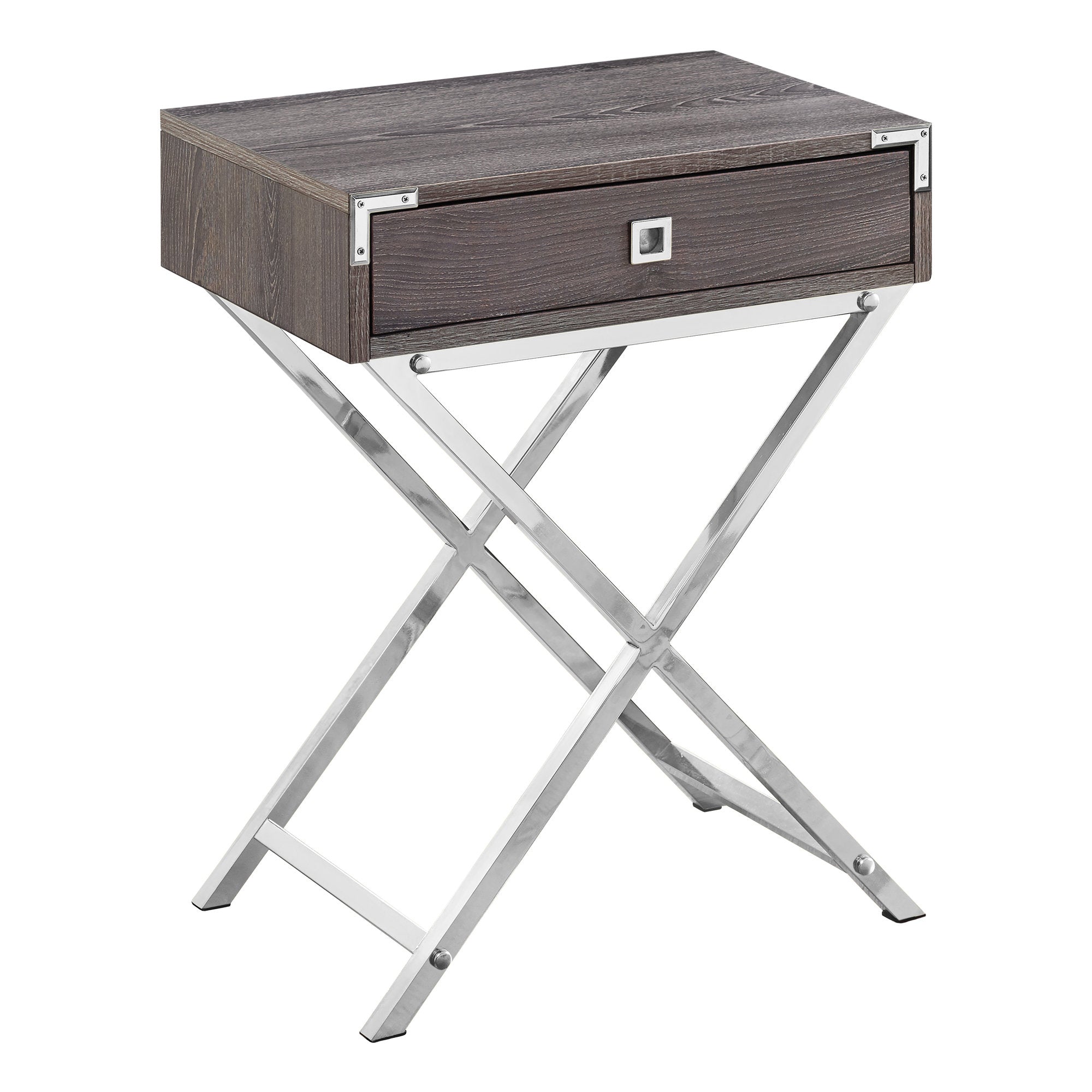 I 3555 Table D'appoint, Côté, Bout, Table De Nuit, Lampe, Tiroir De Rangement, Salon, Chambre À Coucher, Métal, Stratifié, Brun, Chrome, Contemporain, Moderne - Simple Boutique