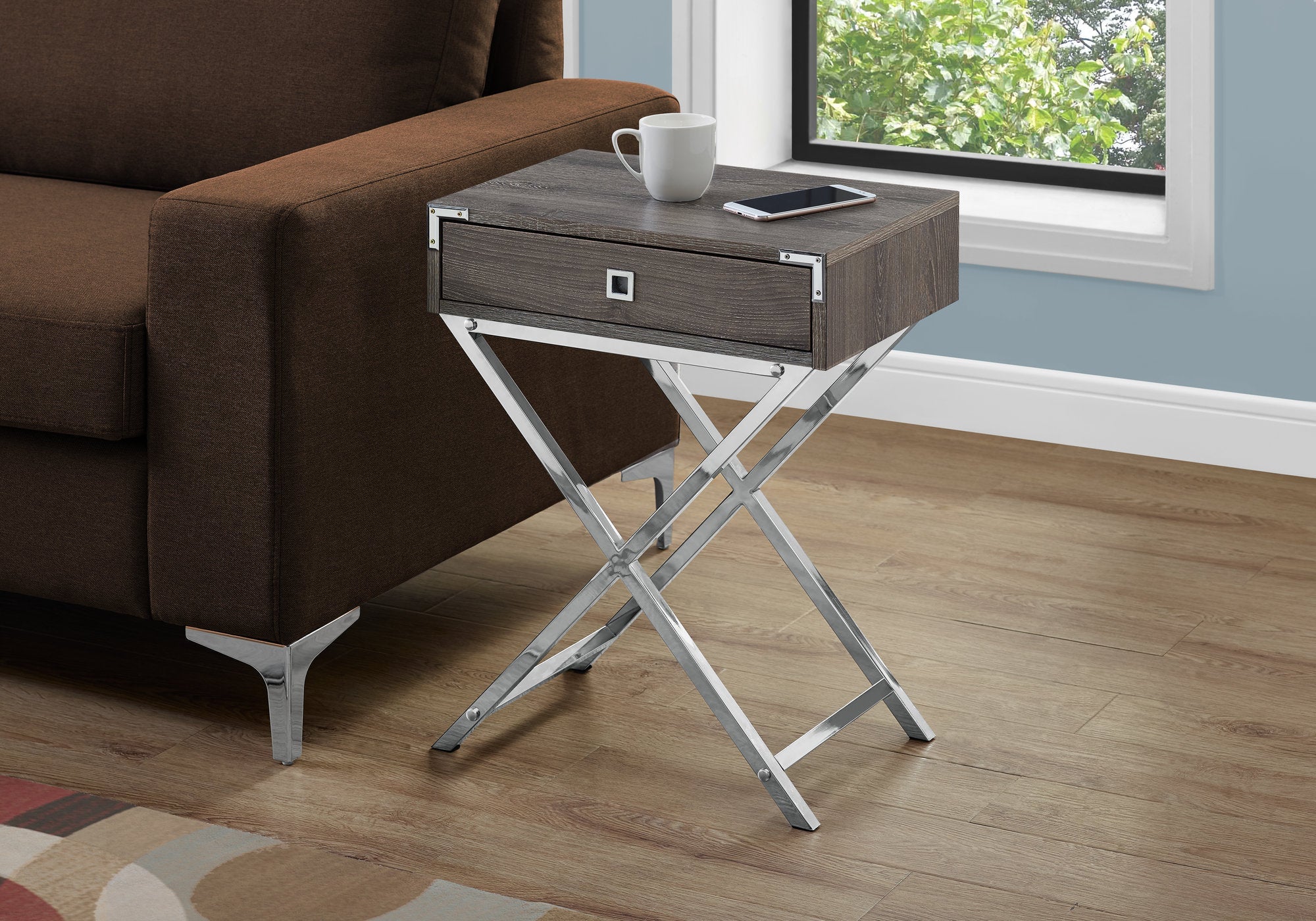 I 3555 Table D'appoint, Côté, Bout, Table De Nuit, Lampe, Tiroir De Rangement, Salon, Chambre À Coucher, Métal, Stratifié, Brun, Chrome, Contemporain, Moderne - Simple Boutique