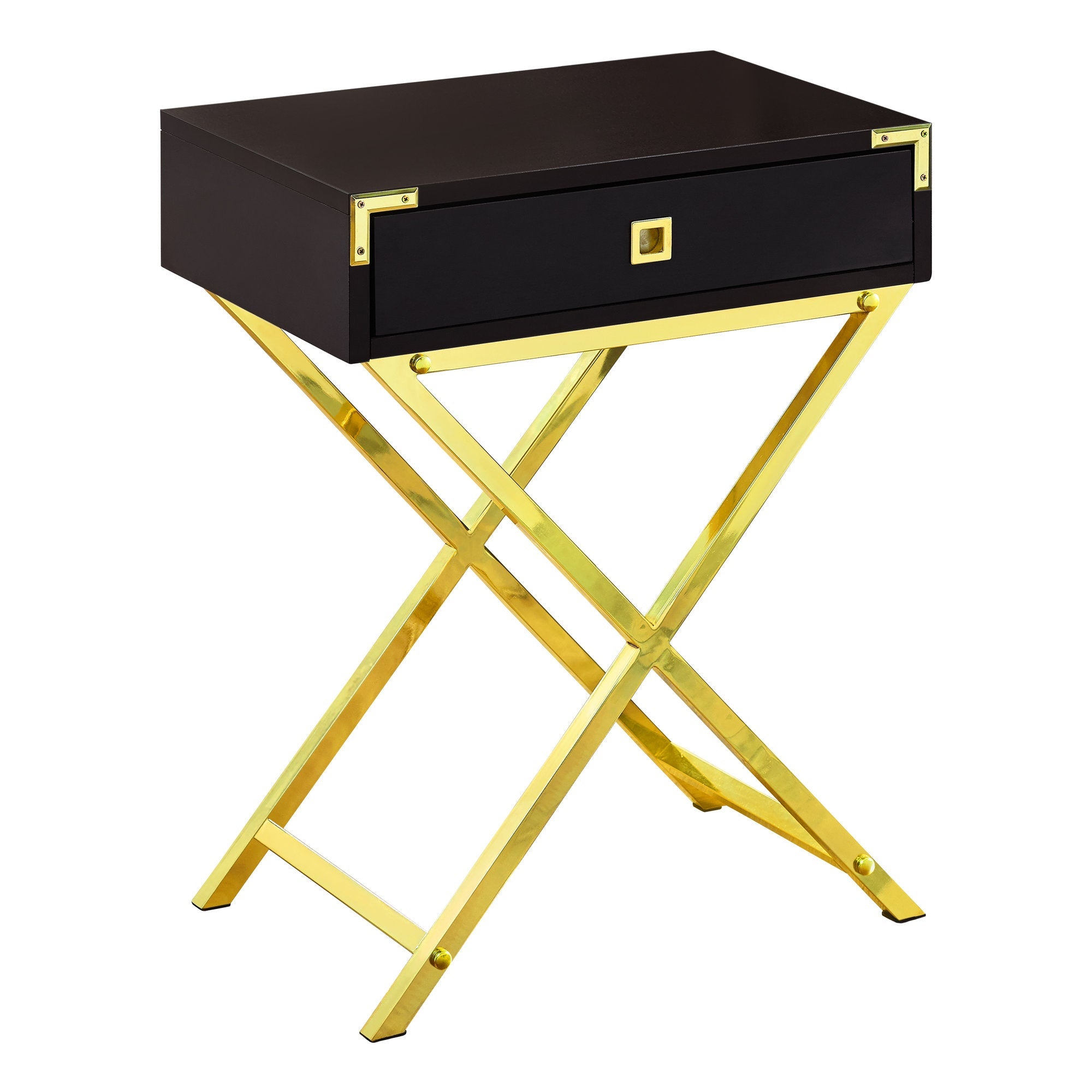 I 3556 Table D'appoint, Côté, Bout, Table De Nuit, Lampe, Tiroir De Rangement, Salon, Chambre À Coucher, Métal, Stratifié, Brun, Or, Contemporain, Moderne - Simple Boutique