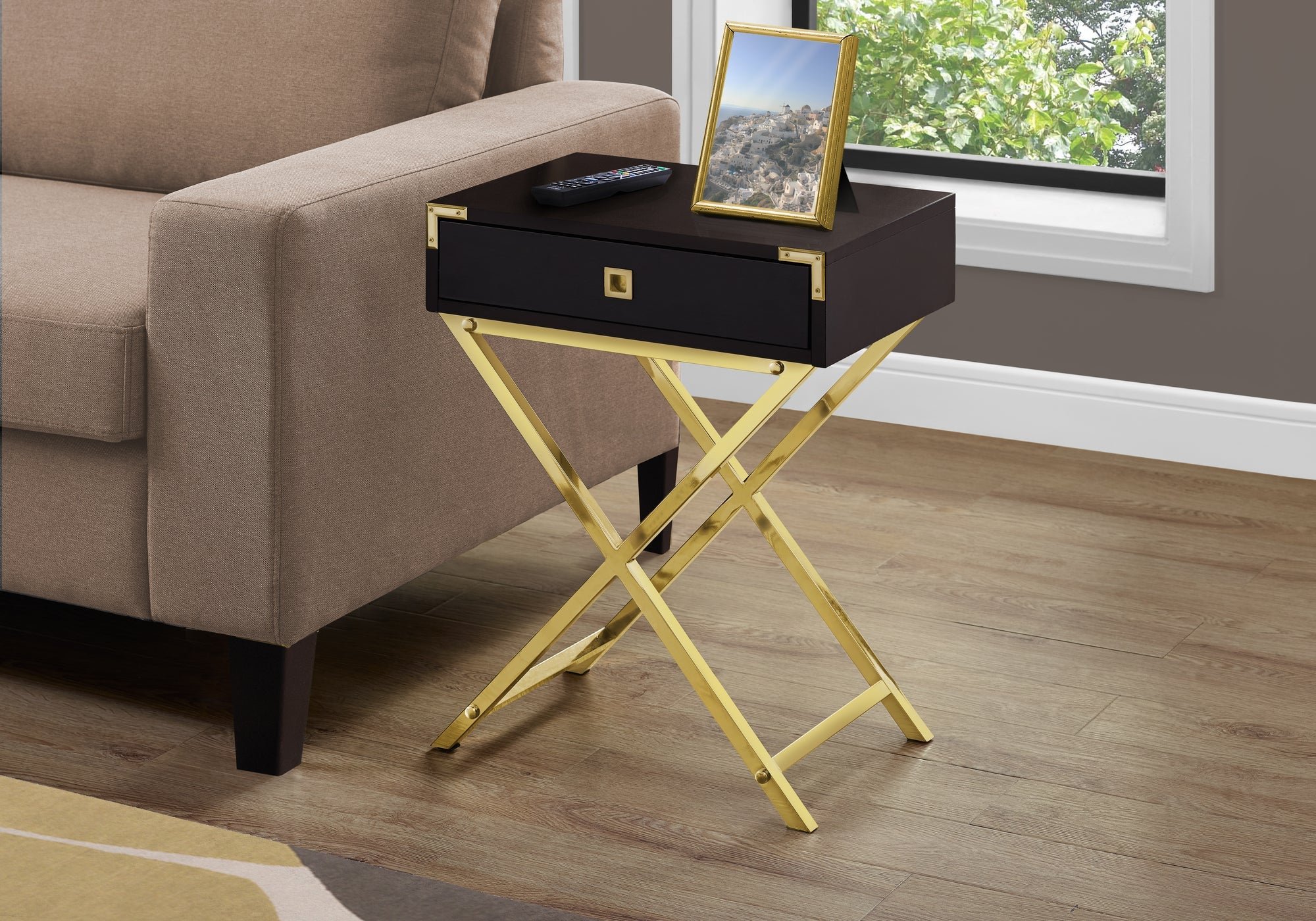 I 3556 Table D'appoint, Côté, Bout, Table De Nuit, Lampe, Tiroir De Rangement, Salon, Chambre À Coucher, Métal, Stratifié, Brun, Or, Contemporain, Moderne - Simple Boutique