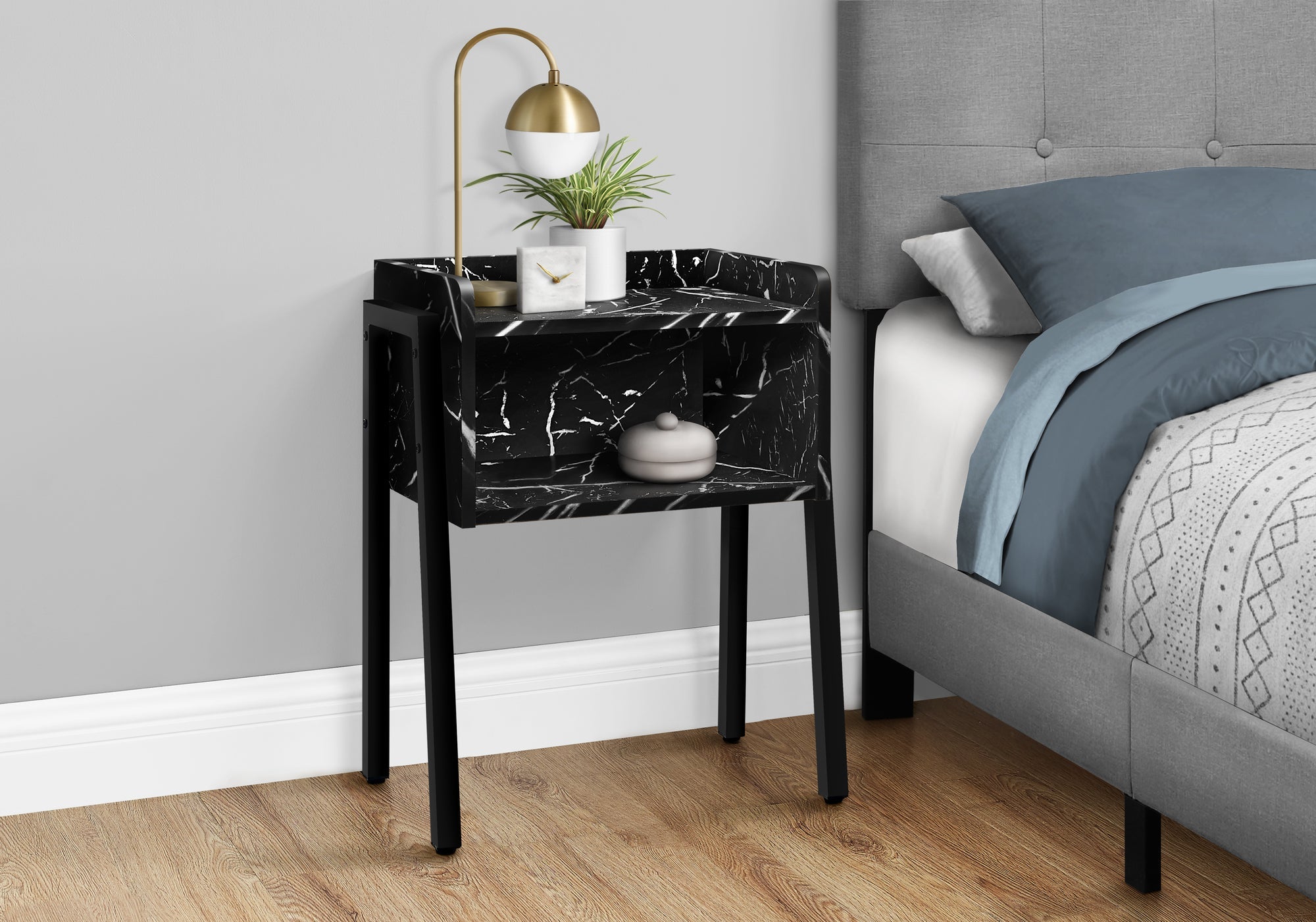 I 3590 Table D'appoint, Côté, Bout, Table De Nuit, Lampe, Salon, Chambre À Coucher, Métal, Stratifié, D'aspect Marbre Noir, Contemporain, Moderne - Simple Boutique