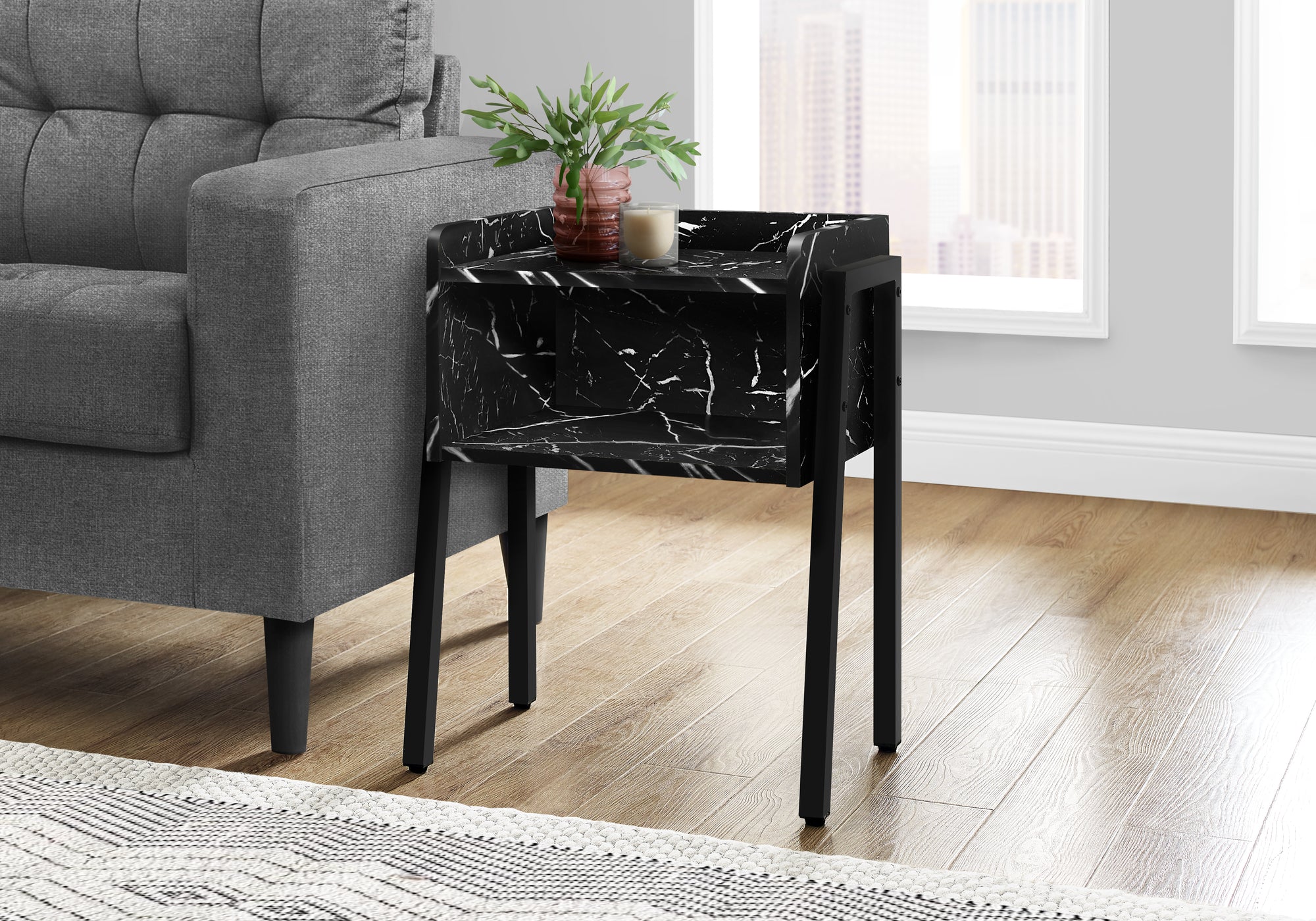 I 3590 Table D'appoint, Côté, Bout, Table De Nuit, Lampe, Salon, Chambre À Coucher, Métal, Stratifié, D'aspect Marbre Noir, Contemporain, Moderne - Simple Boutique