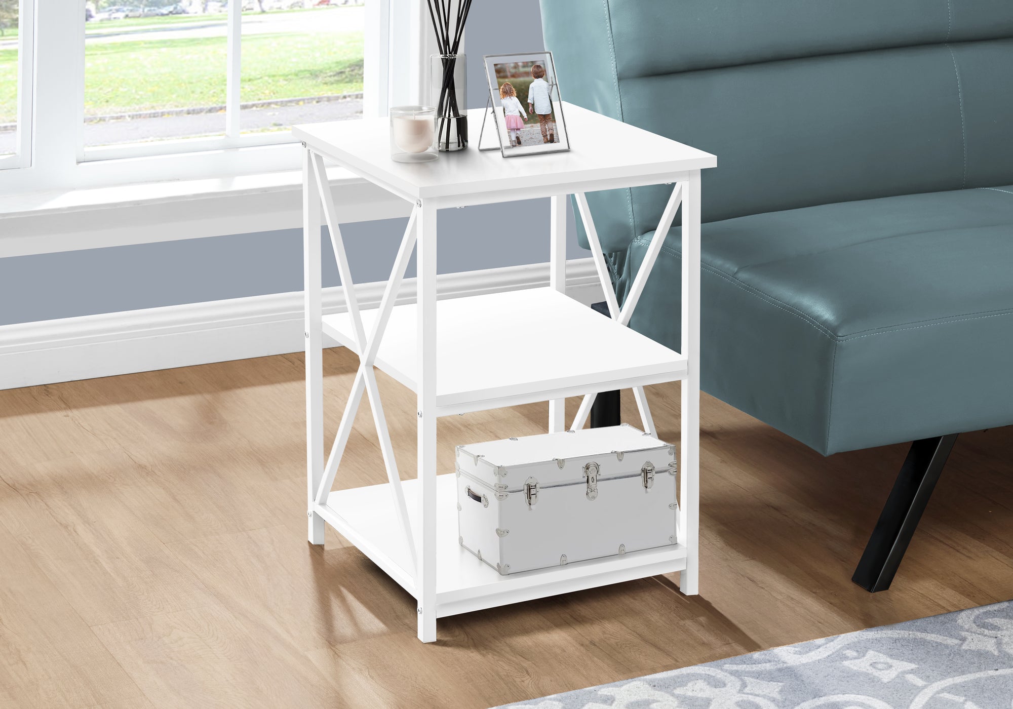 I 3599 Table D'appoint, Côté, Bout, Table De Nuit, Lampe, Salon, Chambre À Coucher, Métal, Stratifié, Blanc, Contemporain, Moderne - Simple Boutique