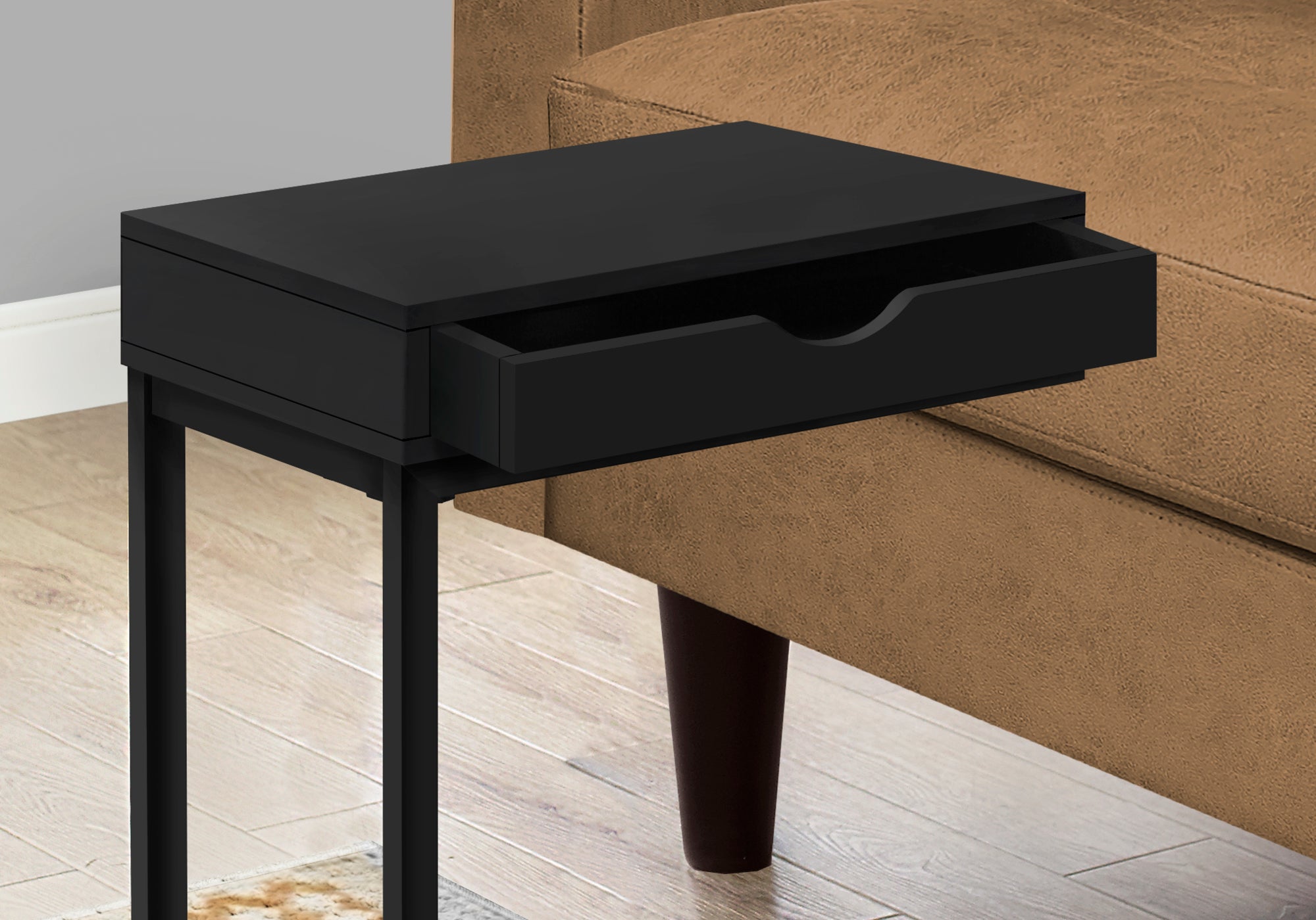 I 3600 Table D'appoint, En Forme De C, Bout, Côté, Collation, Tiroir De Rangement, Salon, Chambre À Coucher, Métal, Stratifié, Noir, Contemporain, Moderne - Simple Boutique