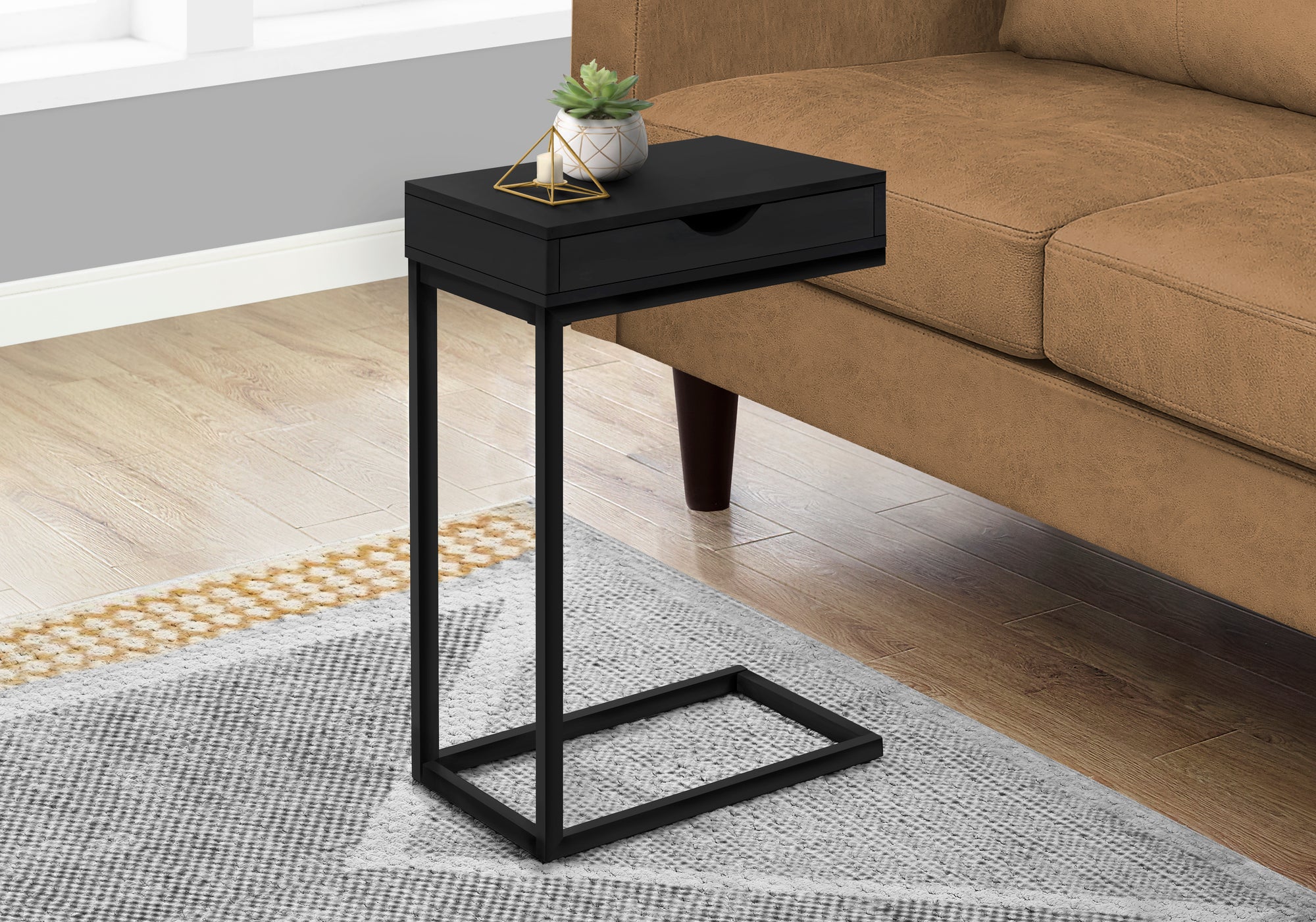 I 3600 Table D'appoint, En Forme De C, Bout, Côté, Collation, Tiroir De Rangement, Salon, Chambre À Coucher, Métal, Stratifié, Noir, Contemporain, Moderne - Simple Boutique