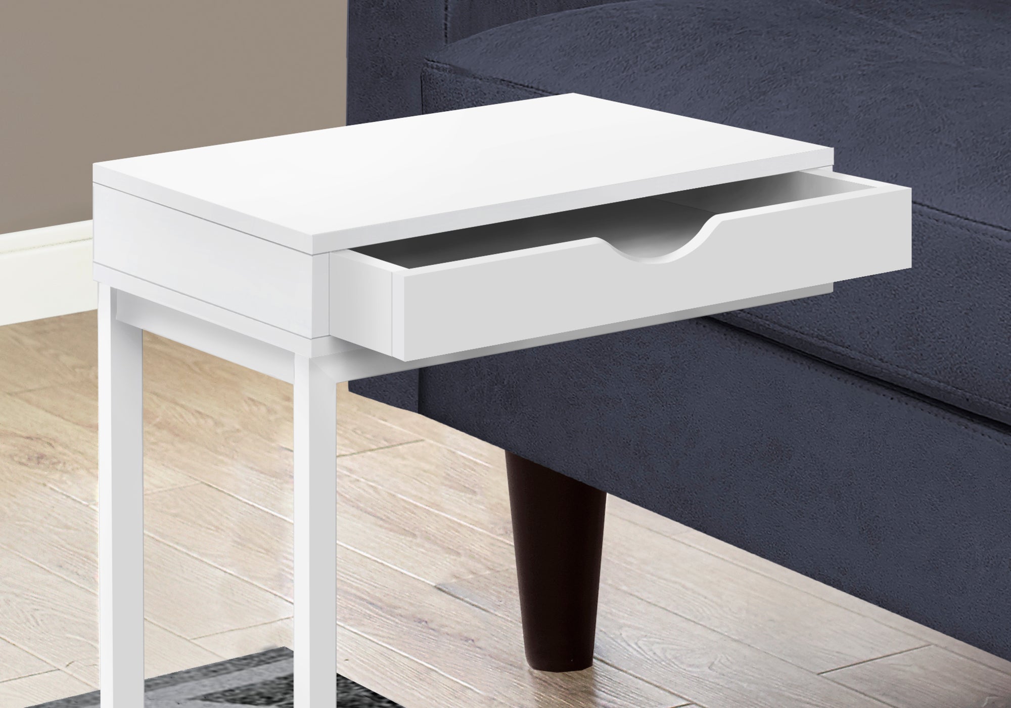I 3601 Table D'appoint, En Forme De C, Bout, Côté, Collation, Tiroir De Rangement, Salon, Chambre À Coucher, Métal, Stratifié, Blanc, Contemporain, Moderne - Simple Boutique