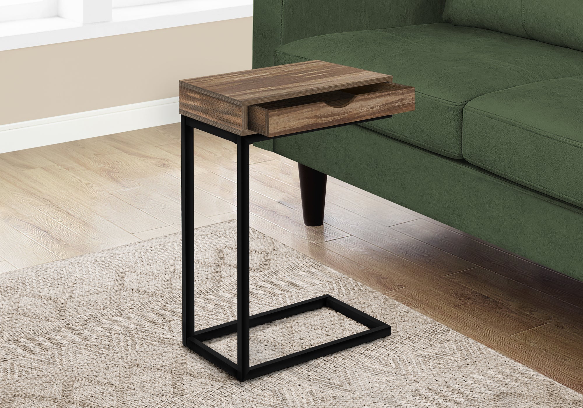 I 3602 Table D'appoint, En Forme De C, Bout, Côté, Collation, Tiroir De Rangement, Salon, Chambre À Coucher, Métal, Stratifié, Brun, Noir, Contemporain, Moderne - Simple Boutique