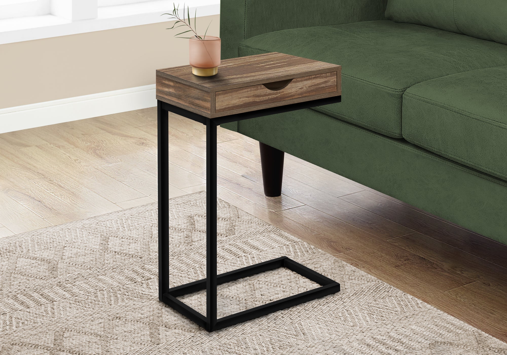 I 3602 Table D'appoint, En Forme De C, Bout, Côté, Collation, Tiroir De Rangement, Salon, Chambre À Coucher, Métal, Stratifié, Brun, Noir, Contemporain, Moderne - Simple Boutique