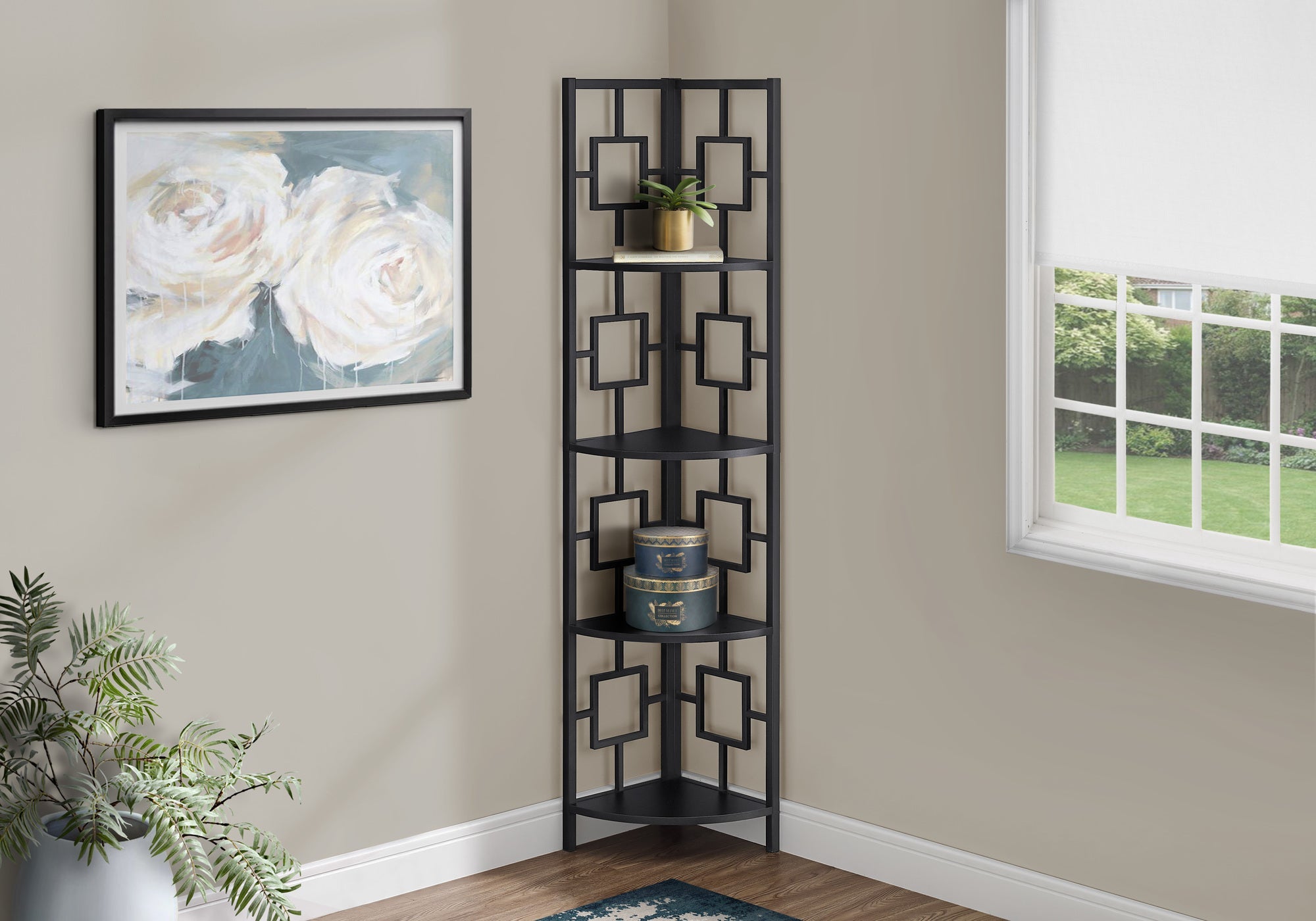 I 3610 Étagère À Livres, Étagère, Étagère, Coin, 4 Niveaux, 62"h, Bureau, Chambre À Coucher, Métal, Stratifié, Noir, Contemporain, Moderne - Simple Boutique