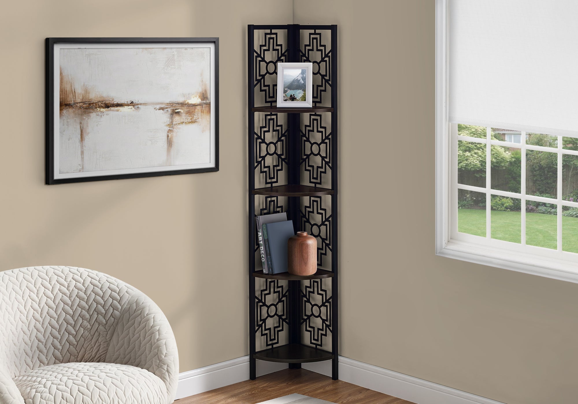 I 3622 Étagère À Livres, Étagère, Étagère, Coin, 4 Niveaux, 62"h, Bureau, Chambre À Coucher, Métal, Stratifié, Brun, Noir, Transitionnel - Simple Boutique