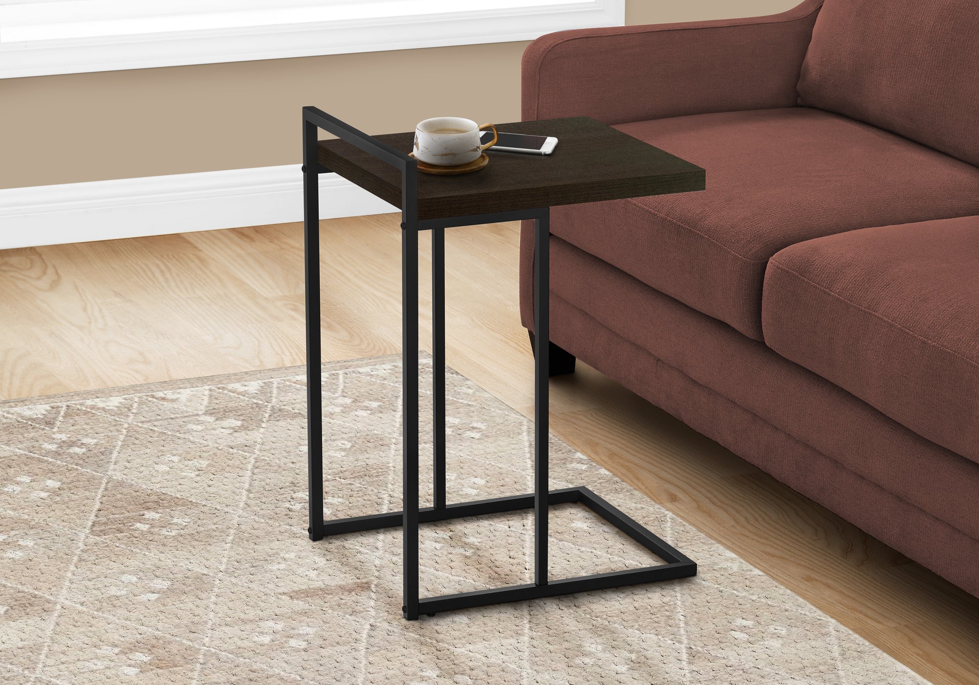 I 3635 Table D'appoint, En Forme De C, Bout, Côté, Collation, Salon, Chambre À Coucher, Métal, Stratifié, Brun, Noir, Contemporain, Moderne - Simple Boutique