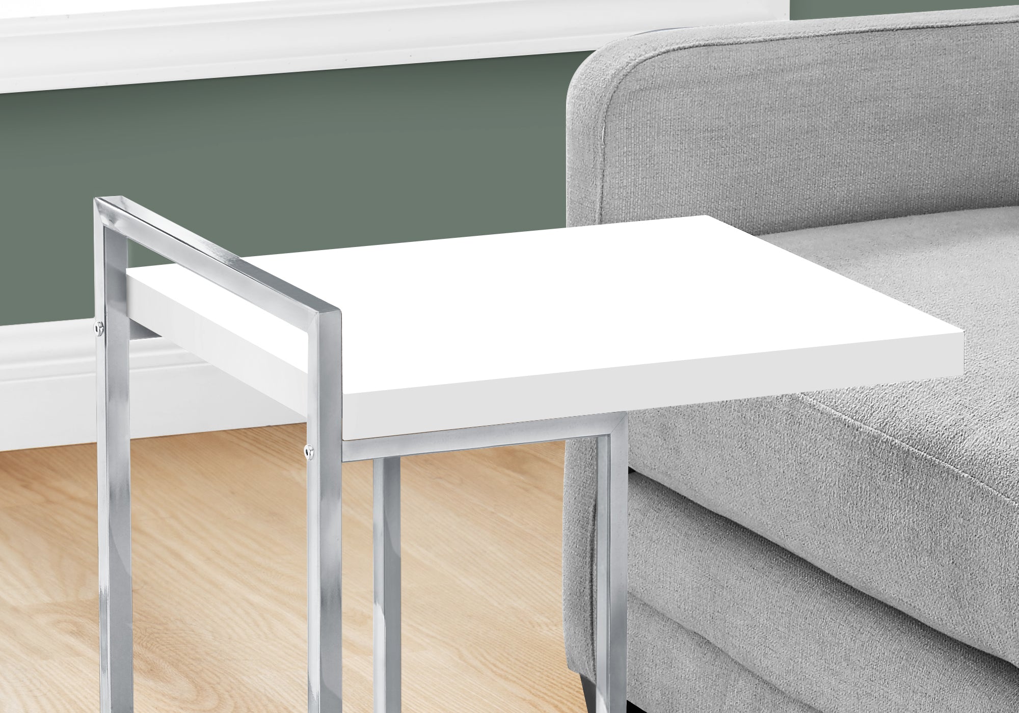I 3636 Table D'appoint, En Forme De C, Bout, Côté, Collation, Salon, Chambre À Coucher, Métal, Stratifié, Blanc Lustré, Chrome, Contemporain, Moderne - Simple Boutique
