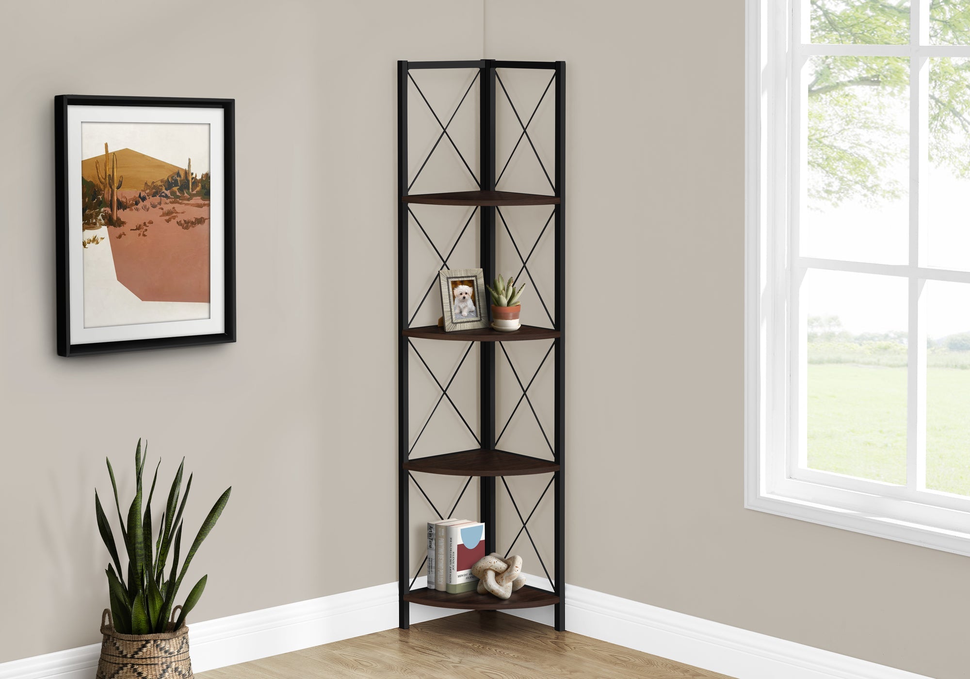 I 3645 Étagère À Livres, Étagère, Étagère, Coin, 4 Niveaux, 60"h, Bureau, Chambre À Coucher, Métal, Stratifié, Brun, Noir, Contemporain, Moderne - Simple Boutique