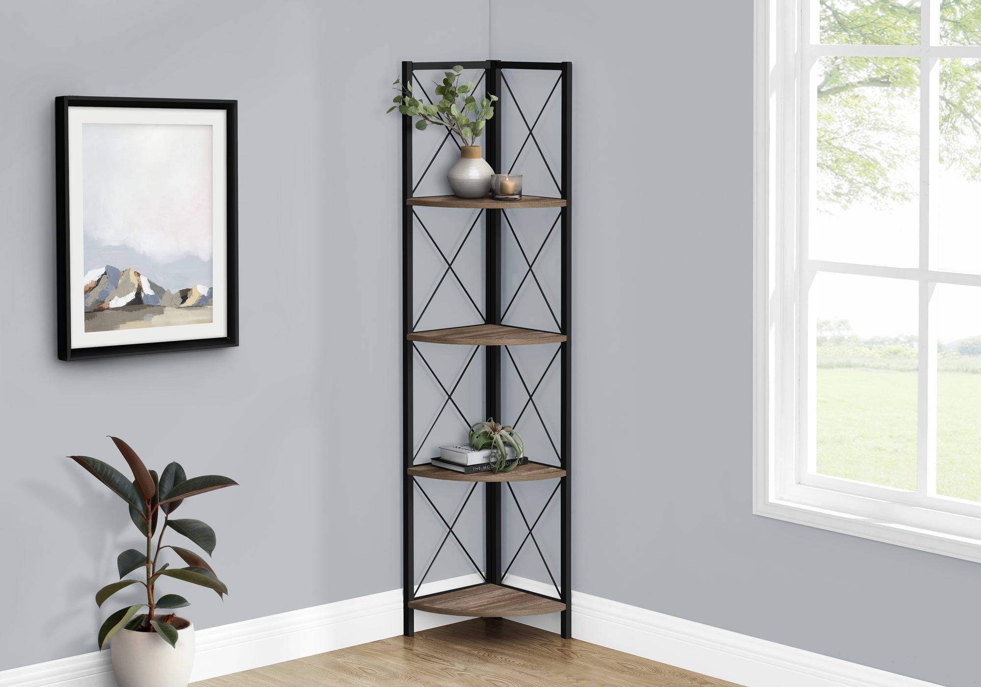 I 3646 Étagère À Livres, Étagère, Étagère, Coin, 4 Niveaux, 60"h, Bureau, Chambre À Coucher, Métal, Stratifié, Brun, Noir, Contemporain, Moderne - Simple Boutique