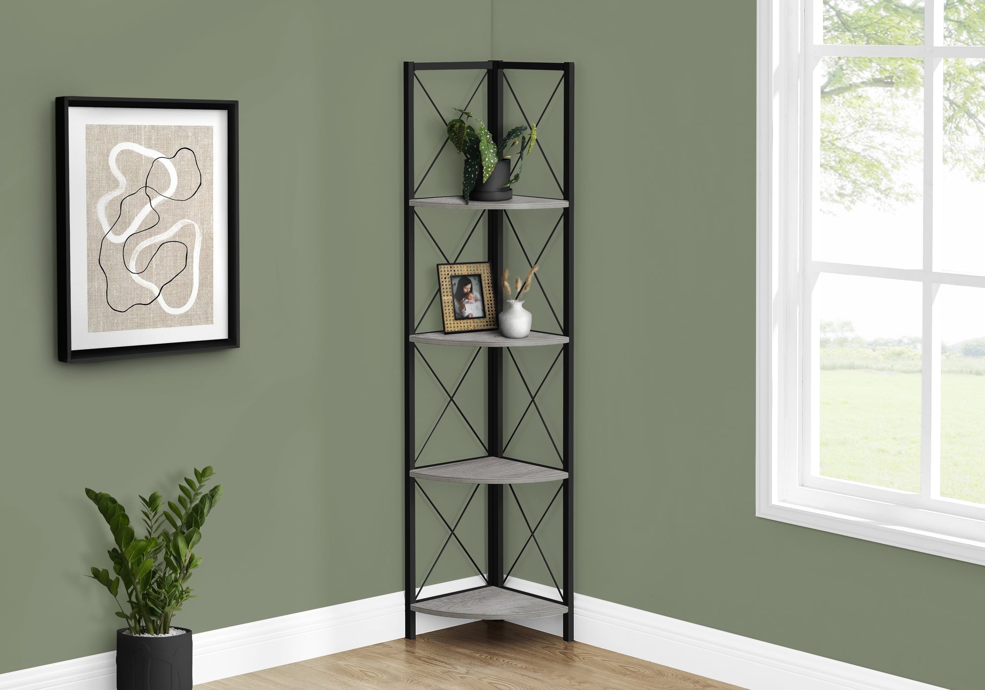 I 3647 Étagère À Livres, Étagère, Étagère, Coin, 4 Niveaux, 60"h, Bureau, Chambre À Coucher, Métal, Stratifié, Gris, Noir, Contemporain, Moderne - Simple Boutique