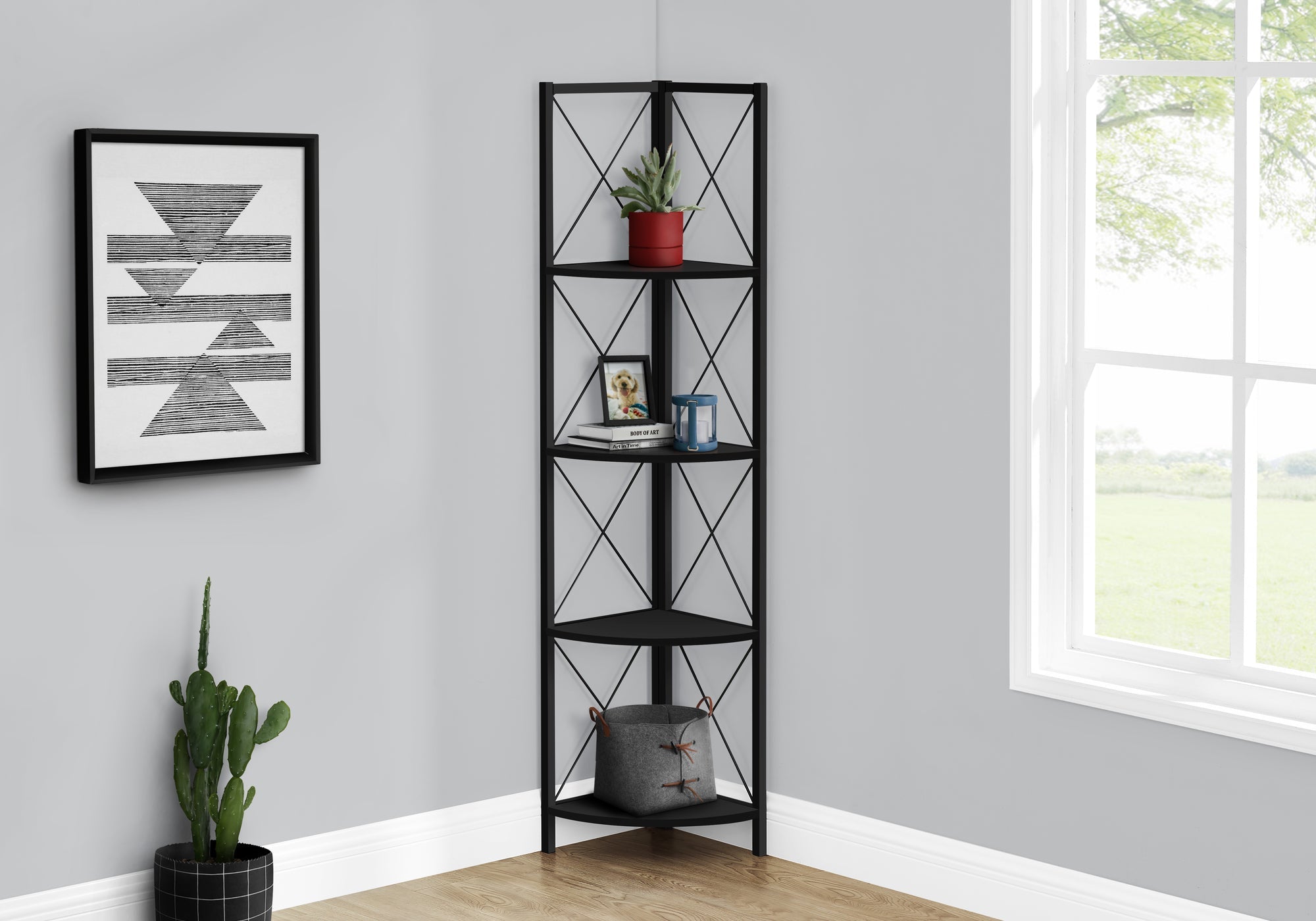 I 3649 Étagère À Livres, Étagère, Étagère, Coin, 4 Niveaux, 60"h, Bureau, Chambre À Coucher, Métal, Stratifié, Noir, Contemporain, Moderne - Simple Boutique