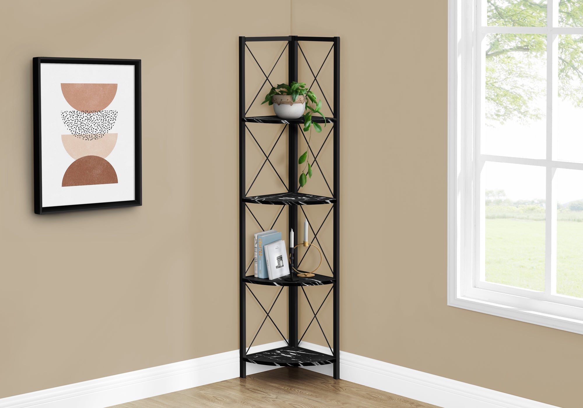 I 3650 Étagère À Livres, Étagère, Étagère, Coin, 4 Niveaux, 60"h, Bureau, Chambre À Coucher, Métal, Stratifié, D'aspect Marbre Noir, Contemporain, Moderne - Simple Boutique
