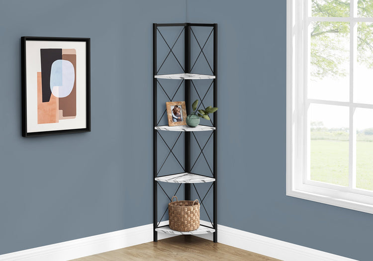 I 3651 Étagère À Livres, Étagère, Étagère, Coin, 4 Niveaux, 60"h, Bureau, Chambre À Coucher, Métal, Stratifié, Aspect Marbre Blanc, Noir, Contemporain, Moderne - Simple Boutique