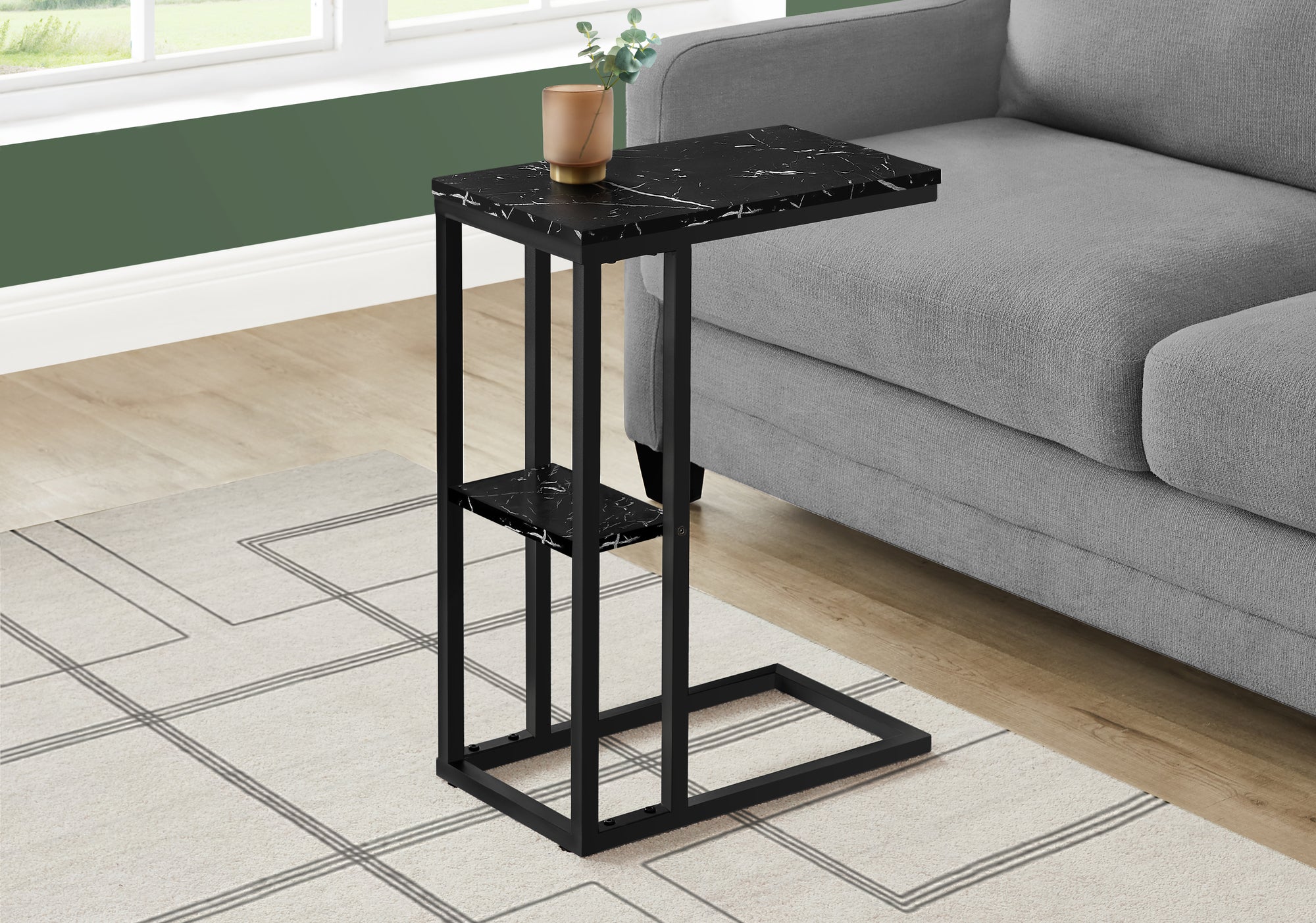 I 3674 Table D'appoint, En Forme De C, Bout, Côté, Collation, Salon, Chambre À Coucher, Métal, Stratifié, D'aspect Marbre Noir, Contemporain, Moderne - Simple Boutique