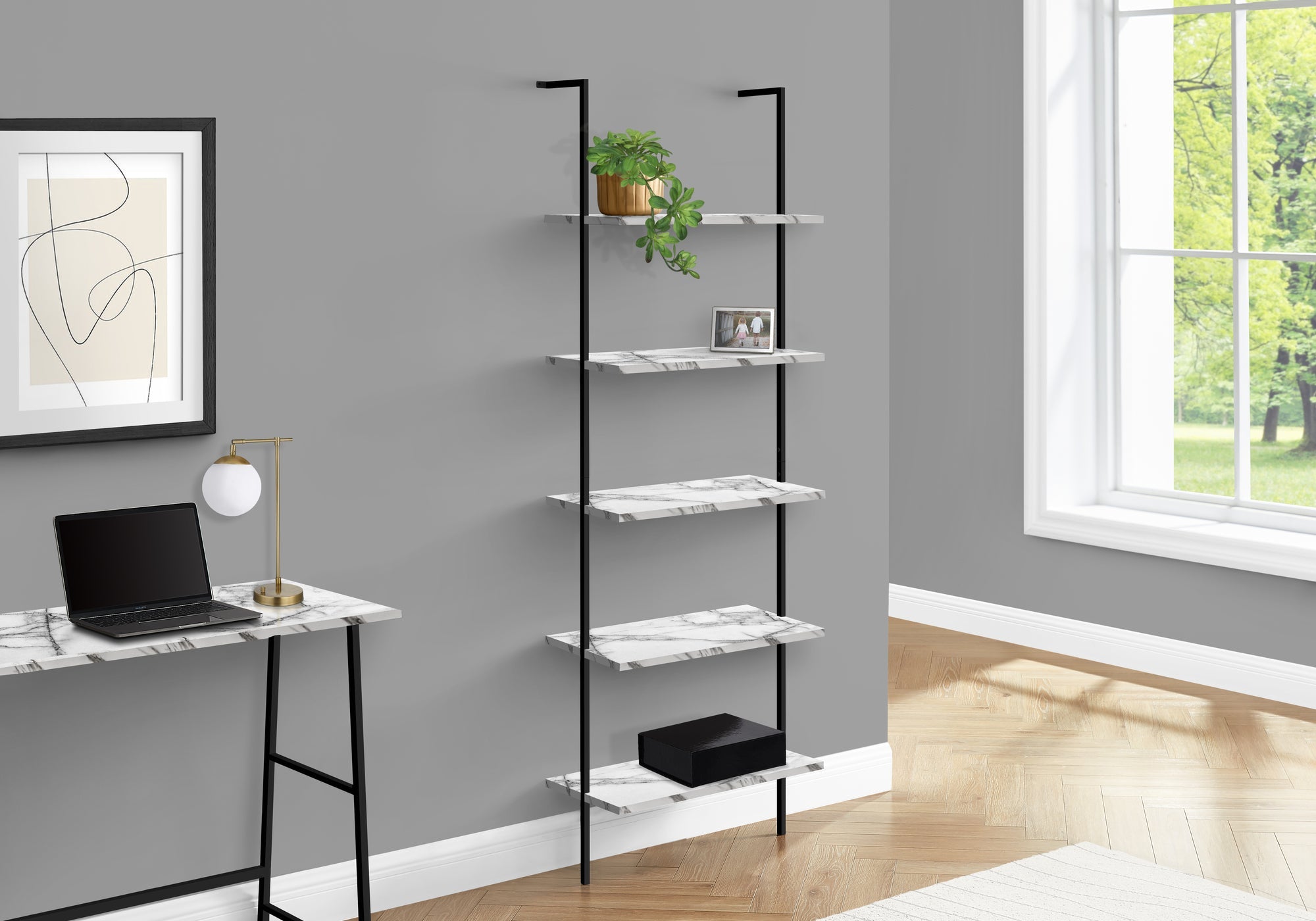 I 3685 Étagère À Livres, Étagère, Étagère, Échelle, 5 Niveaux, 72"h, Bureau, Chambre À Coucher, Métal, Stratifié, Aspect Marbre Blanc, Noir, Contemporain, Moderne - Simple Boutique