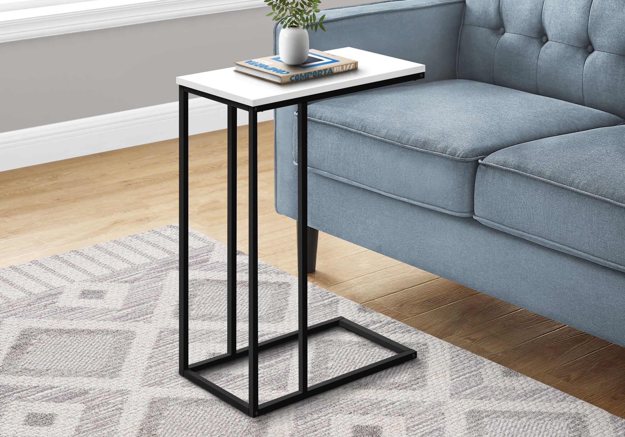 I 3760 Table D'appoint, En Forme De C, Bout, Côté, Collation, Salon, Chambre À Coucher, Métal, Stratifié, Blanc, Noir, Contemporain, Moderne - Simple Boutique