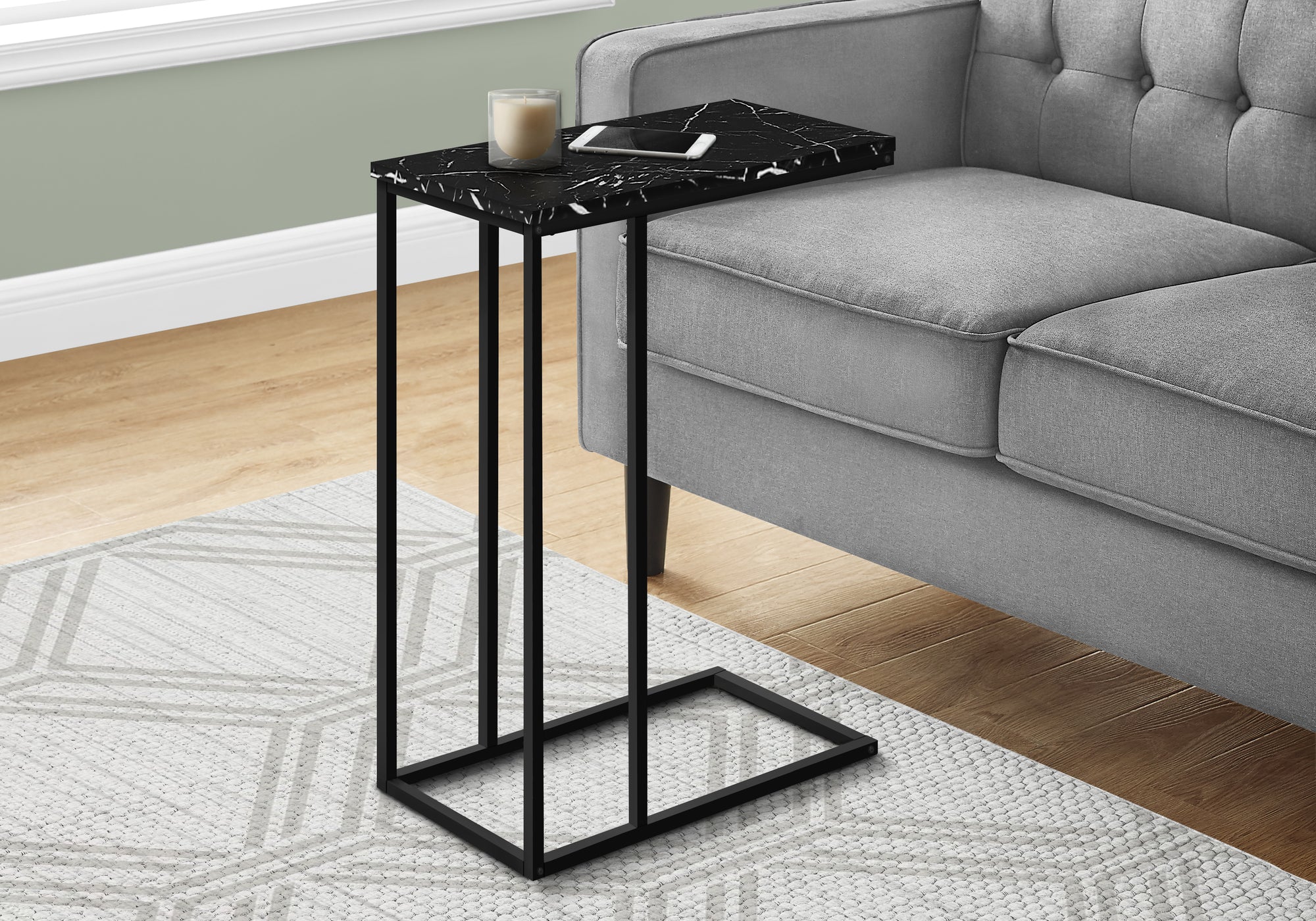 I 3763 Table D'appoint, En Forme De C, Bout, Côté, Collation, Salon, Chambre À Coucher, Métal, Stratifié, D'aspect Marbre Noir, Contemporain, Moderne - Simple Boutique
