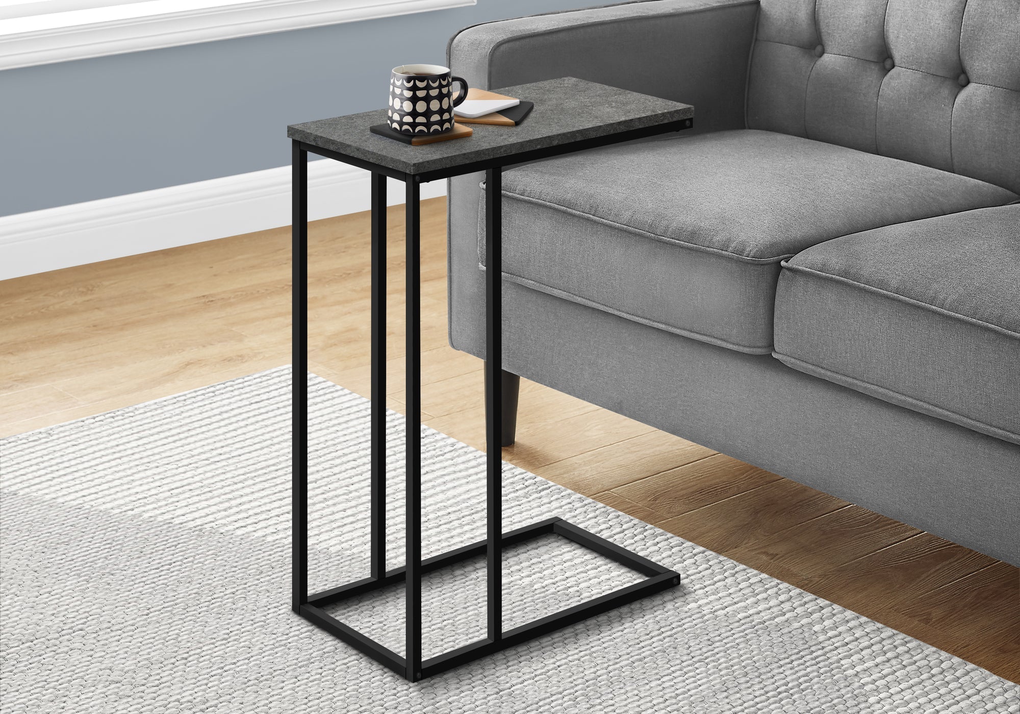 I 3765 Table D'appoint, En Forme De C, Bout, Côté, Collation, Salon, Chambre À Coucher, Métal, Stratifié, Gris, Noir, Contemporain, Moderne - Simple Boutique