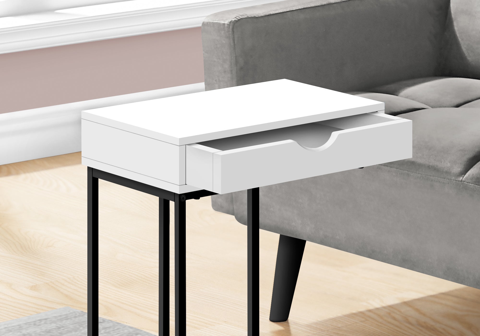 I 3770 Table D'appoint, En Forme De C, Bout, Côté, Collation, Tiroir De Rangement, Salon, Chambre À Coucher, Métal, Stratifié, Blanc, Noir, Contemporain, Moderne - Simple Boutique