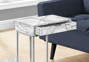I 3772 Table D'appoint, En Forme De C, Bout, Côté, Collation, Tiroir De Rangement, Salon, Chambre À Coucher, Métal, Stratifié, Aspect Marbre Blanc, Gris, Contemporain, Moderne - Simple Boutique