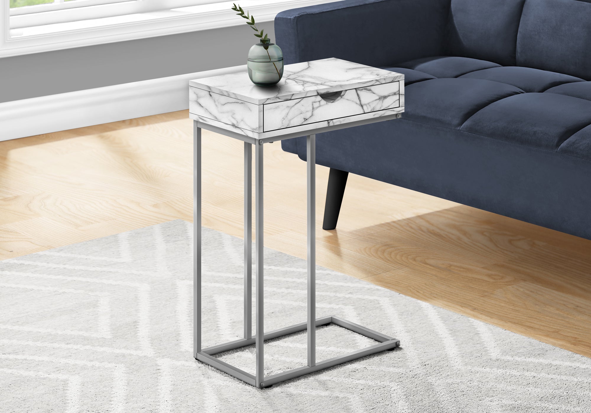 I 3772 Table D'appoint, En Forme De C, Bout, Côté, Collation, Tiroir De Rangement, Salon, Chambre À Coucher, Métal, Stratifié, Aspect Marbre Blanc, Gris, Contemporain, Moderne - Simple Boutique